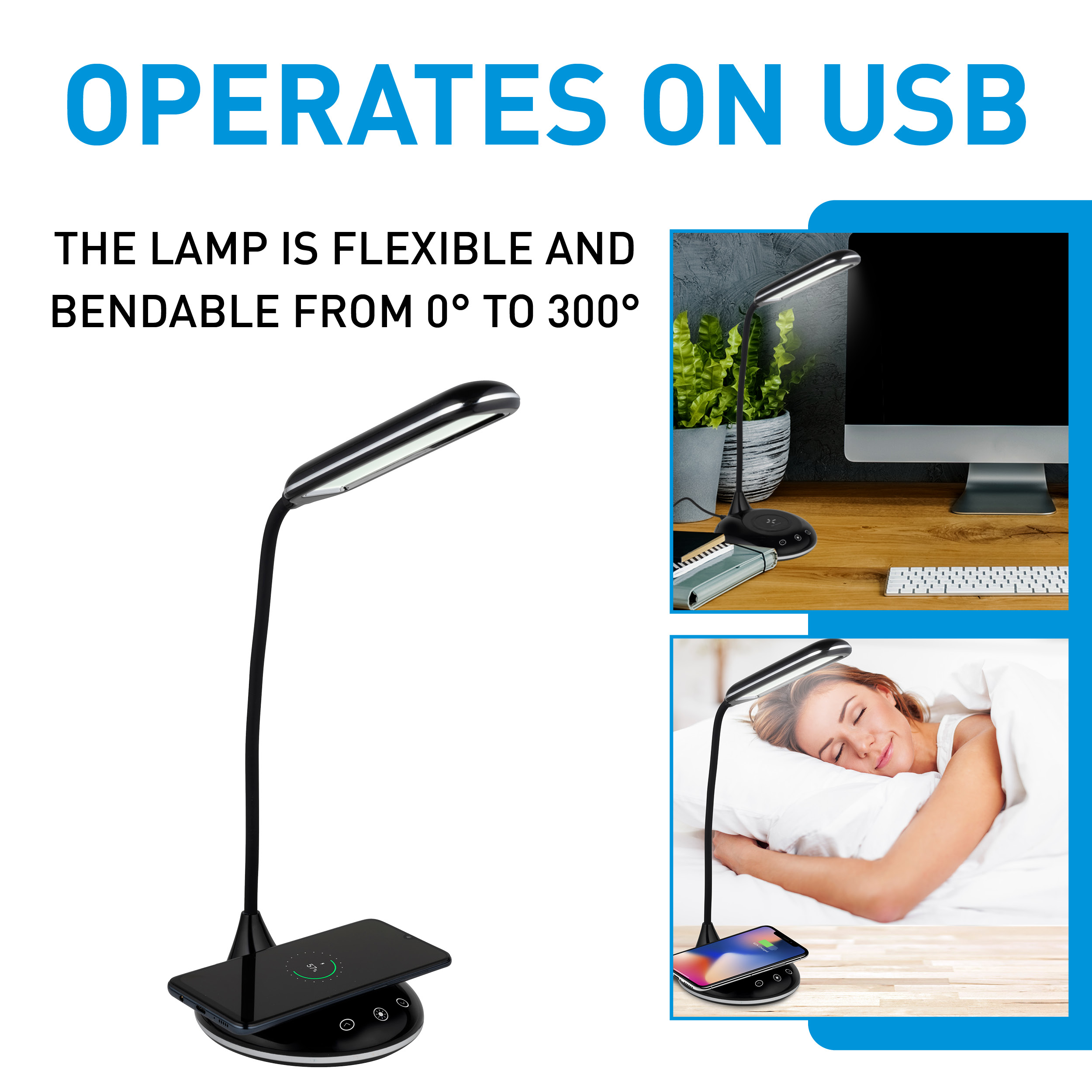 Een zwarte bureaulamp met een oplaadbasis. Afbeeldingen tonen het gebruik in de buurt van een computer en in bed.