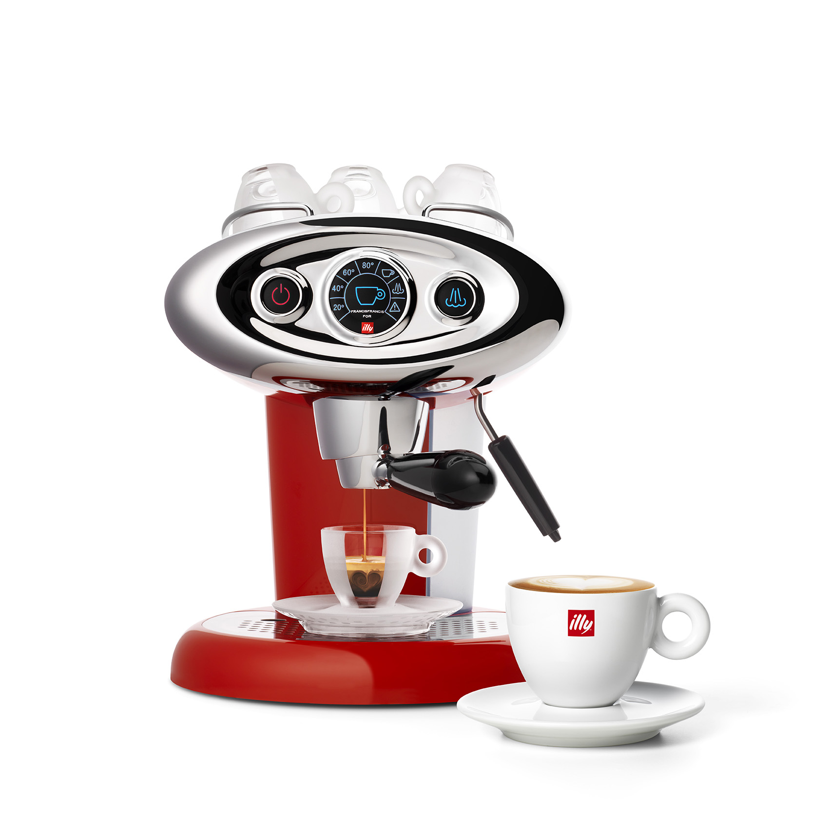 Czerwony i srebrny ekspres do espresso z filiżanką wlewanego espresso i pełnym cappuccino.