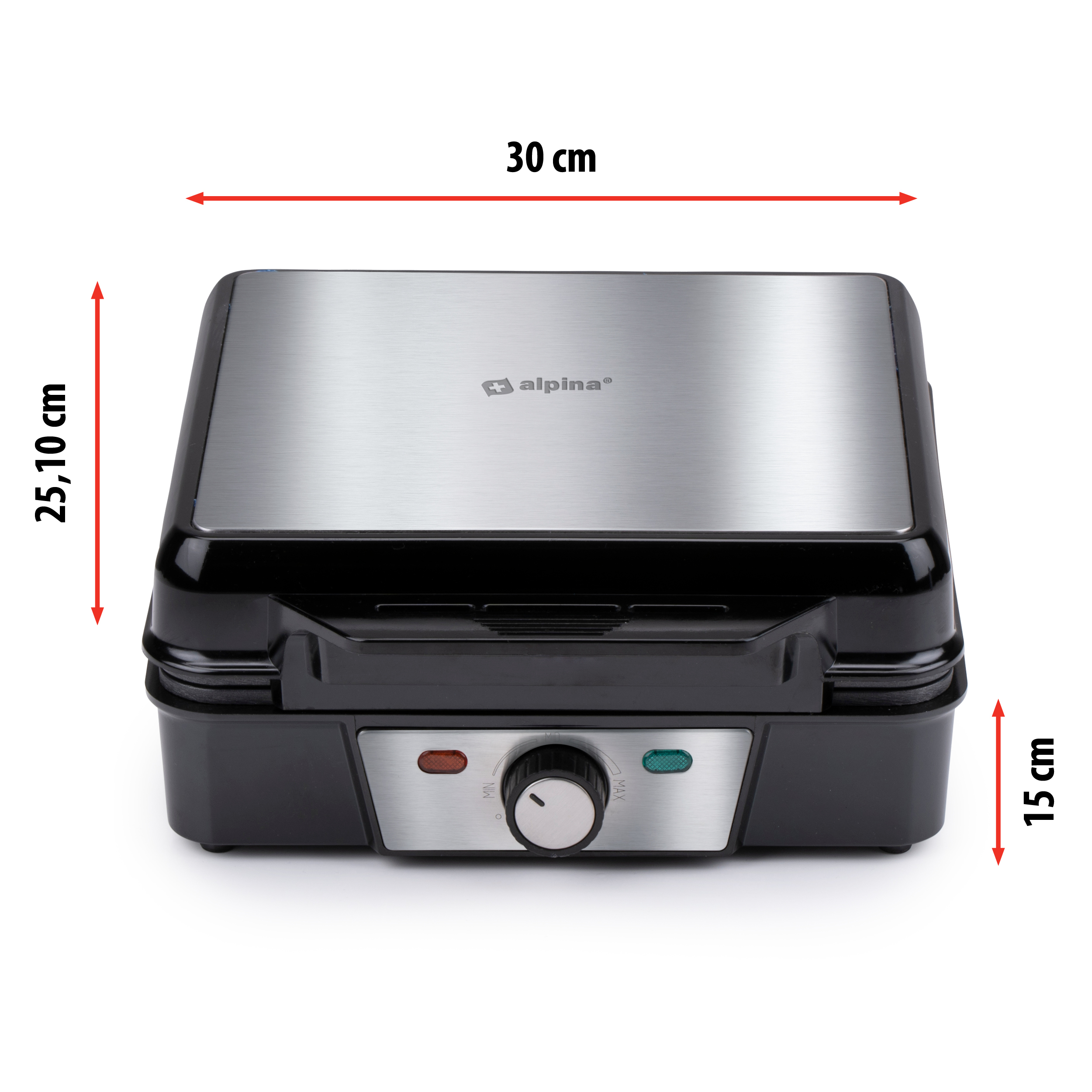 Black and silver Alpina waffle maker with dimensions, and controls on it.