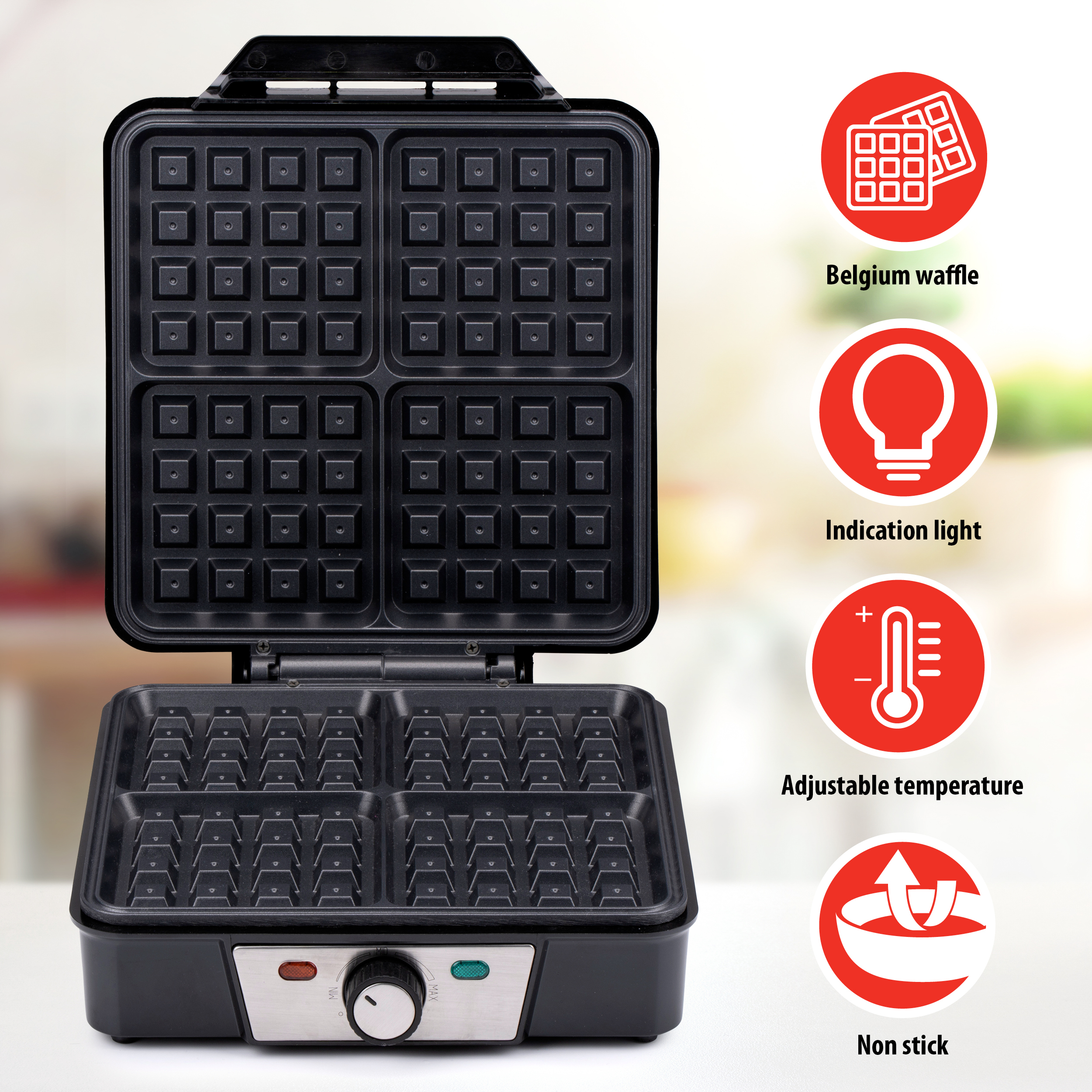 Open black waffle maker. Icons show waffles, light, temperature, and non-stick surface.
