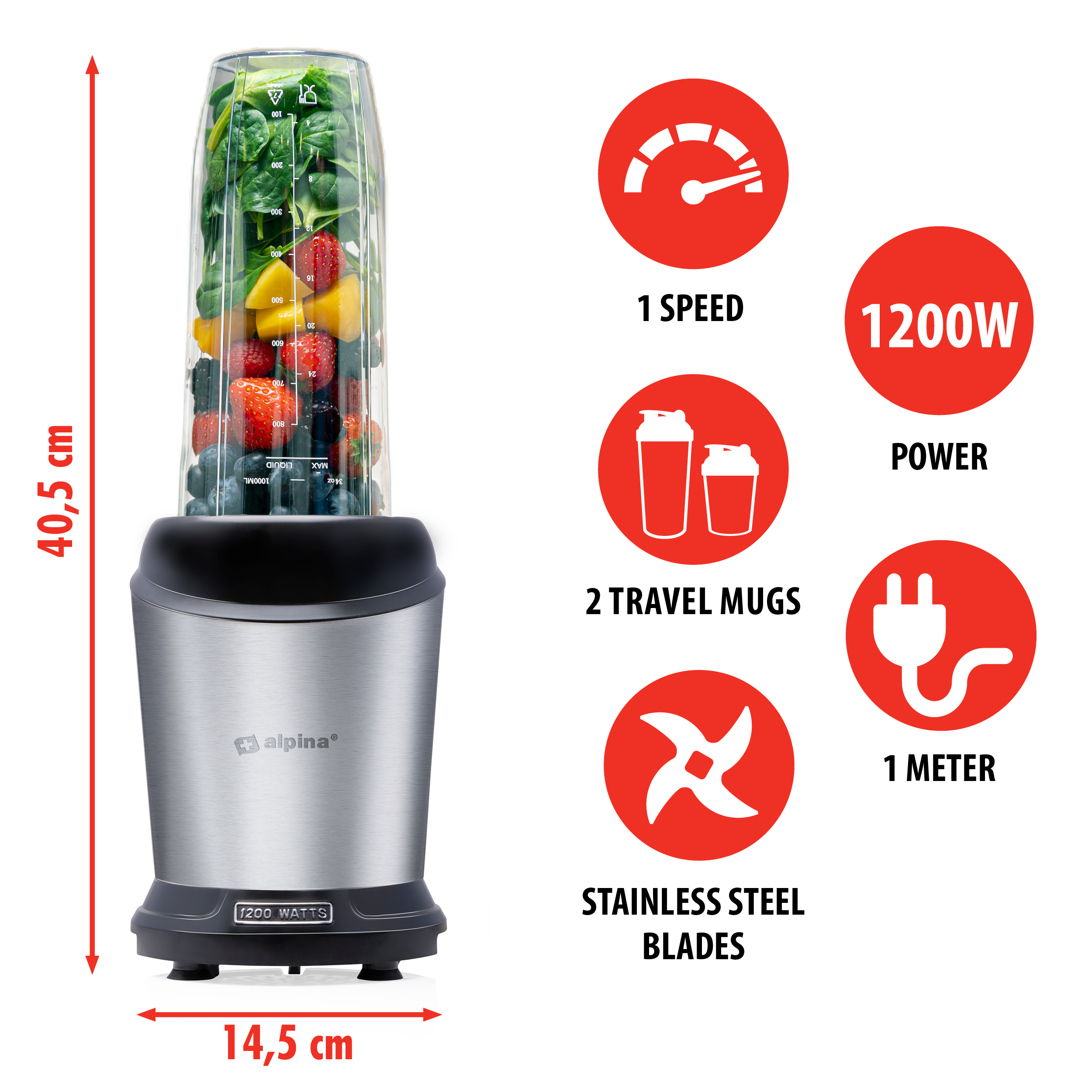 Un frullatore con un contenitore trasparente pieno di frutta e verdura e icone informative.