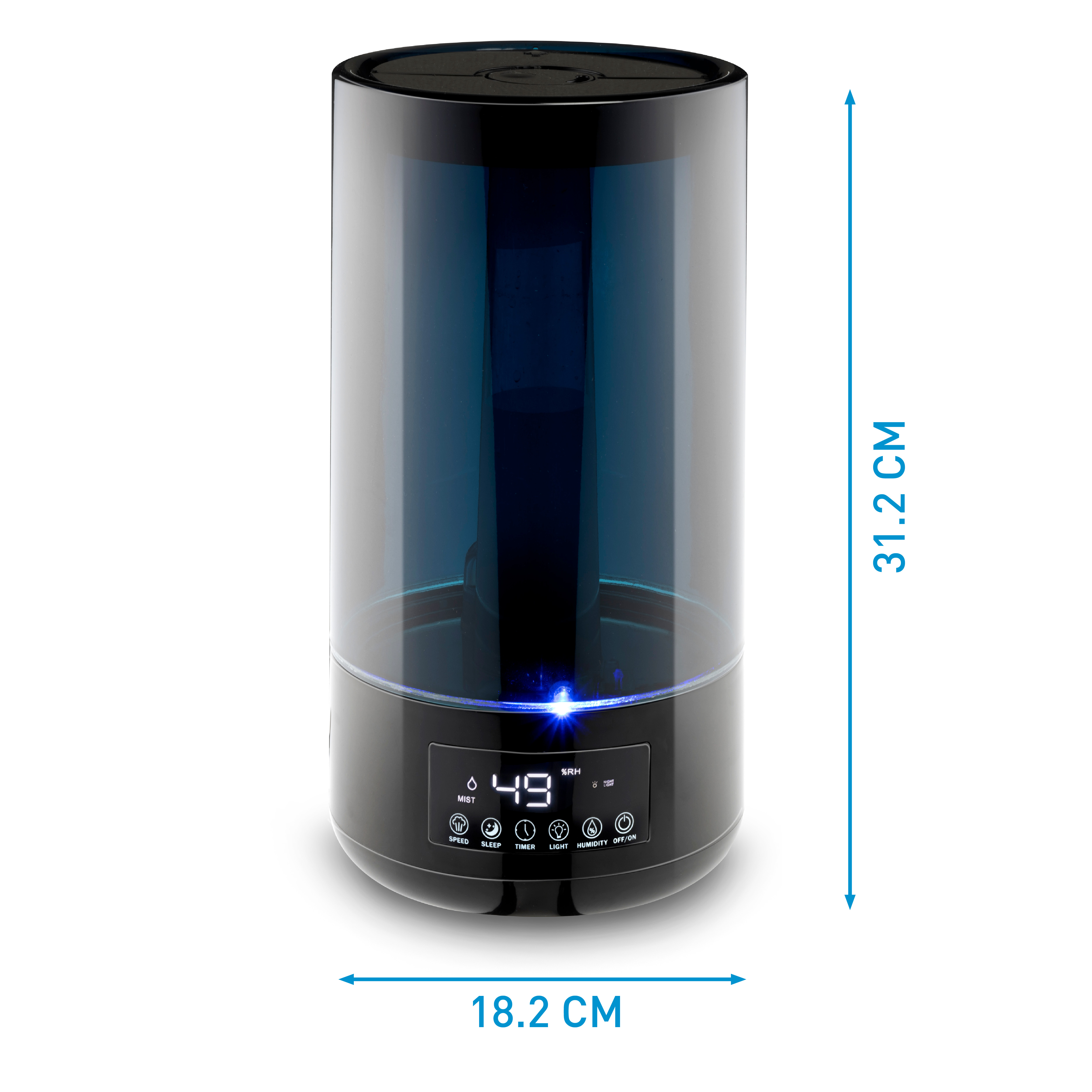 Humidificateur noir et bleu avec dimensions : 31,2 cm de haut, 18,2 cm de large.