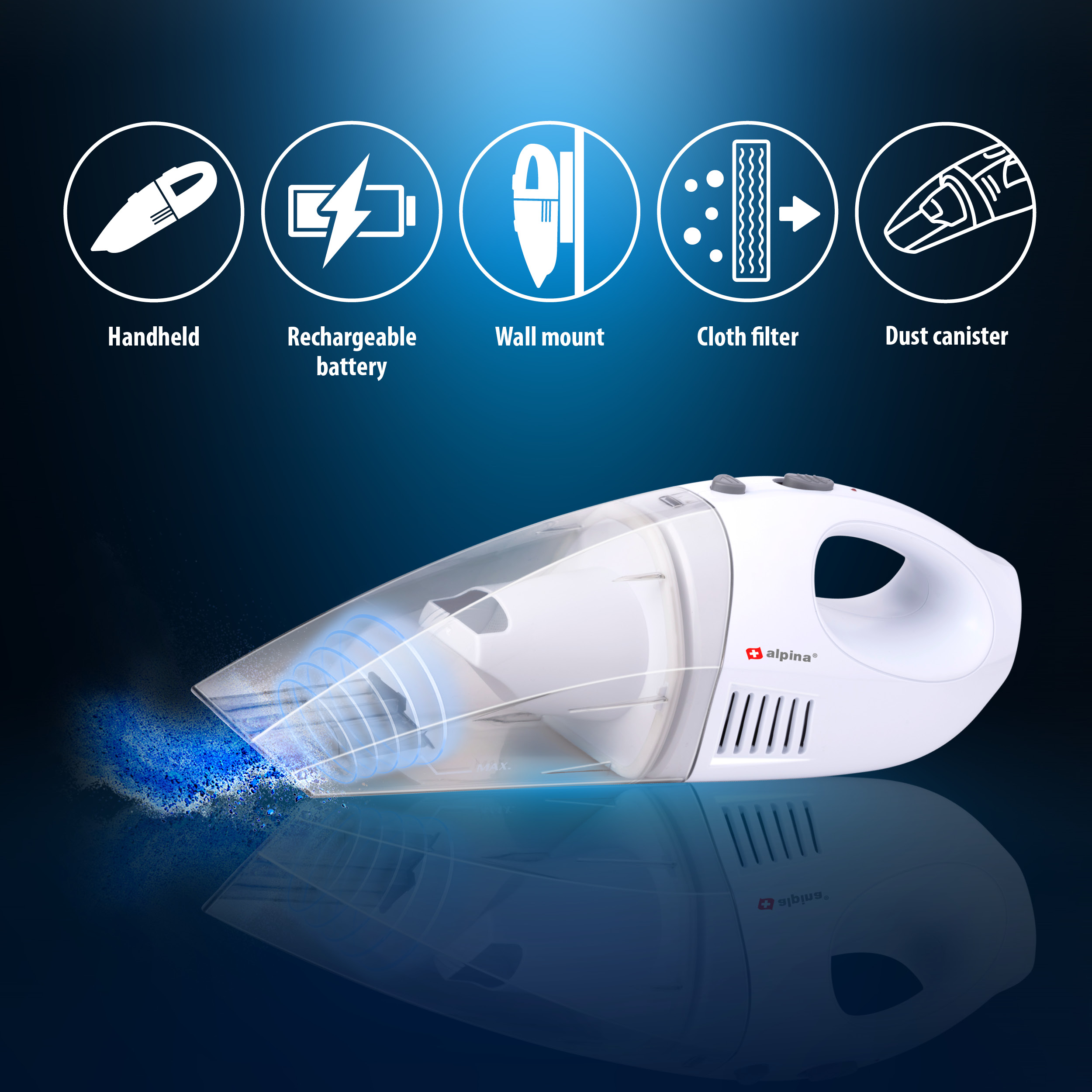 Aspirateur à main blanc avec effet de poussière bleue et icônes : Portable, Rechargeable, Montage mural.