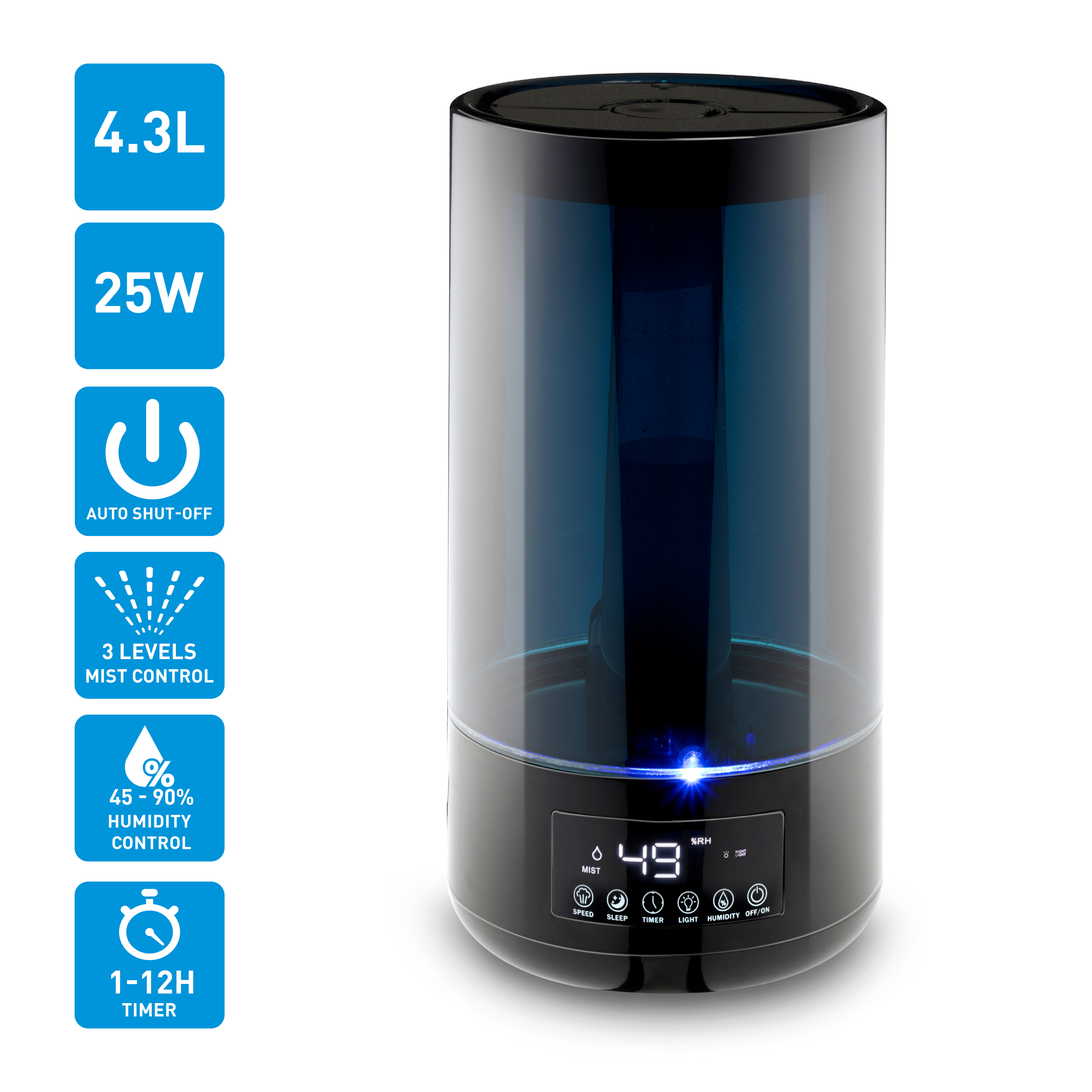 Humidificateur noir et bleu avec panneau de commande et icônes étiquetées.
