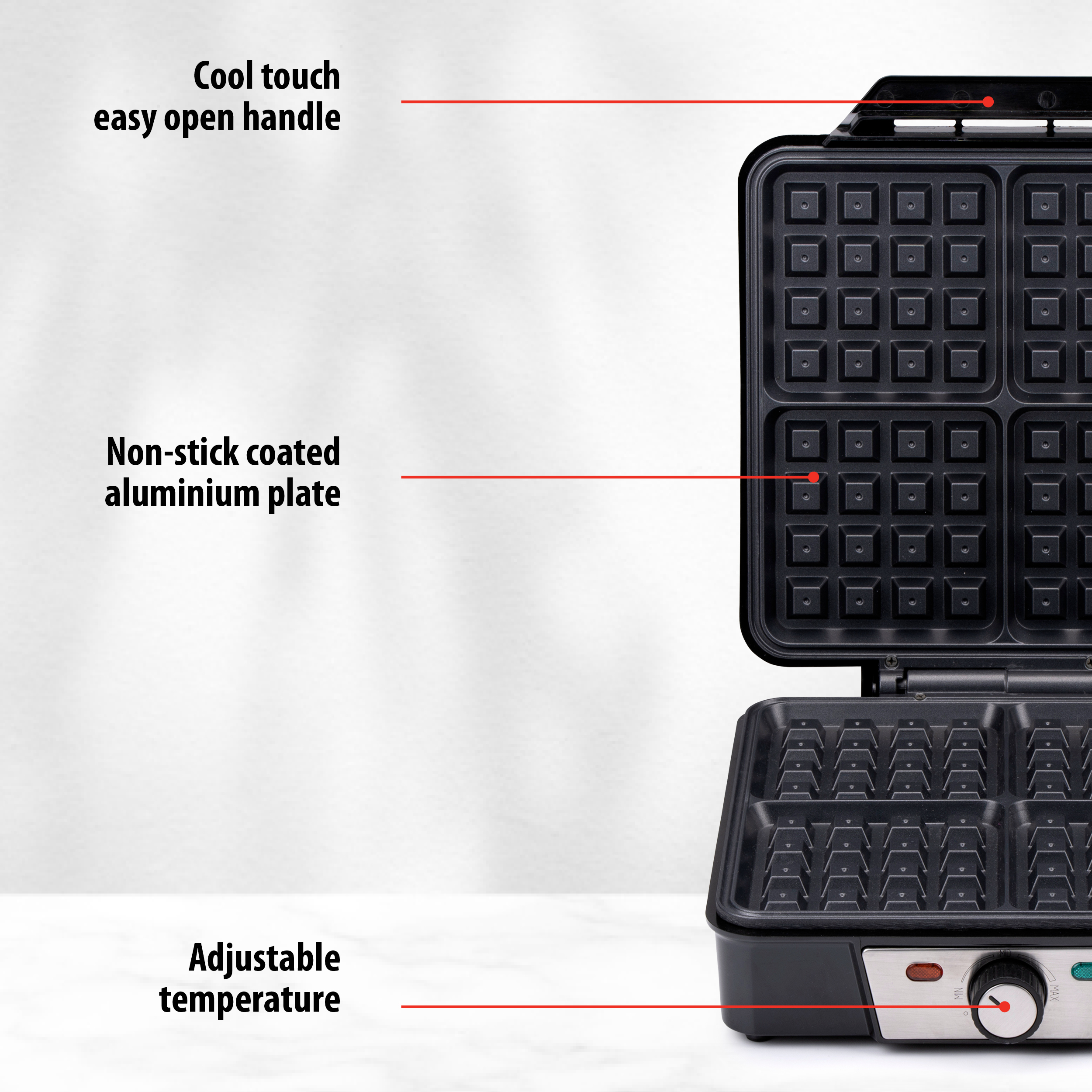 Black waffle maker. Features include a cool touch handle, non-stick plate, and temperature control.