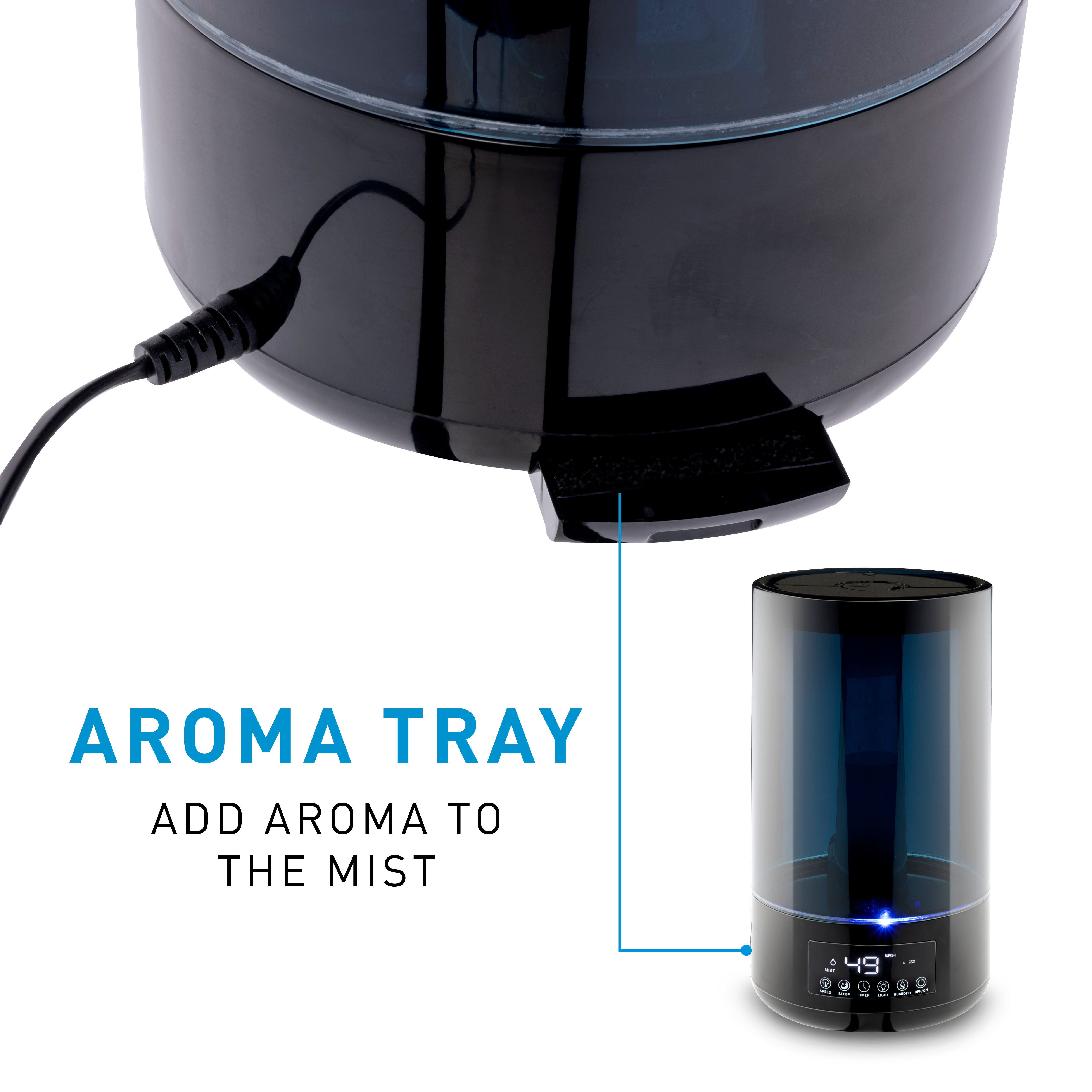 Humidificateur avec un plateau d'arôme. Le texte dit d'ajouter de l'arôme à la brume.