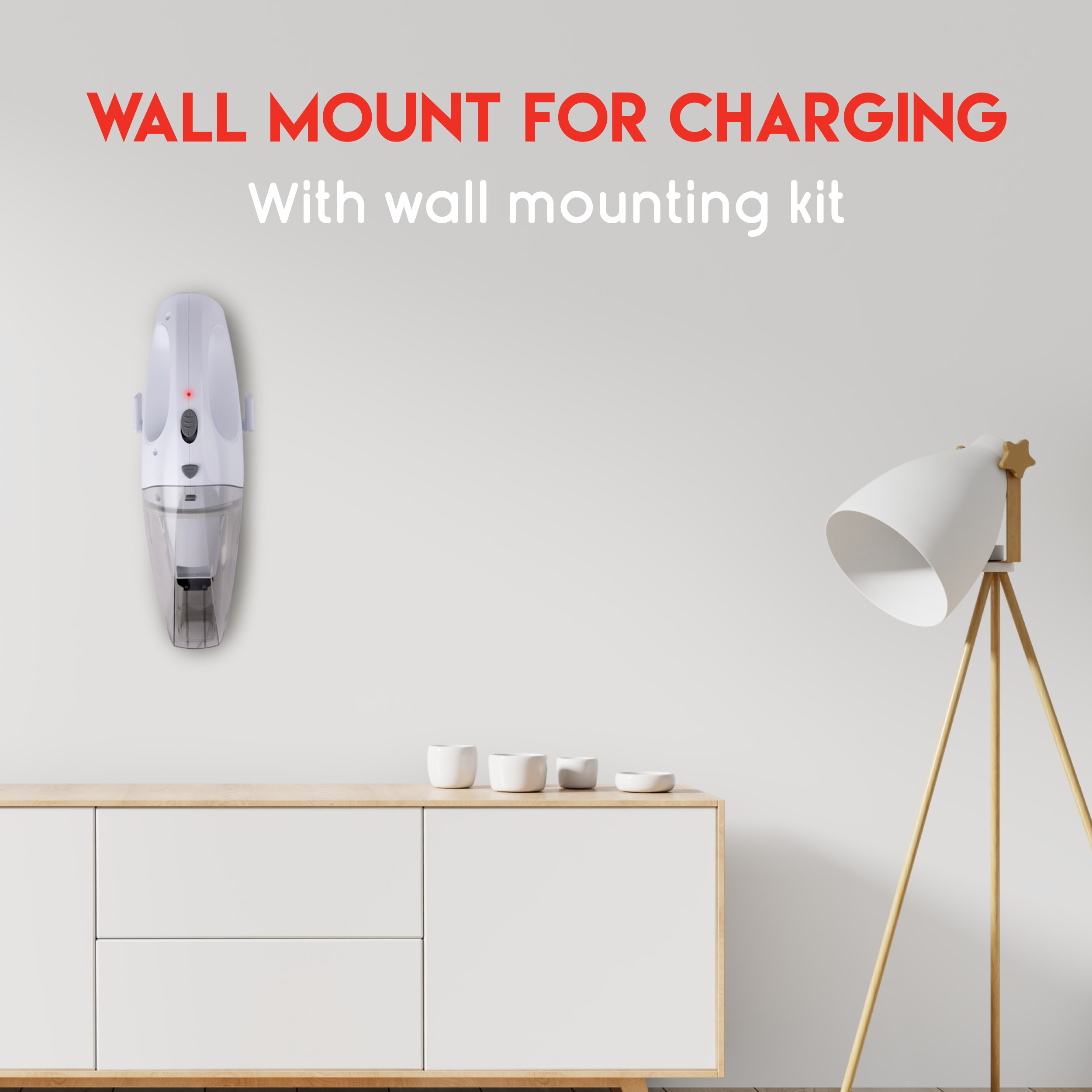 Aspirateur mural. Texte : fixation murale pour charger, avec kit de montage mural.