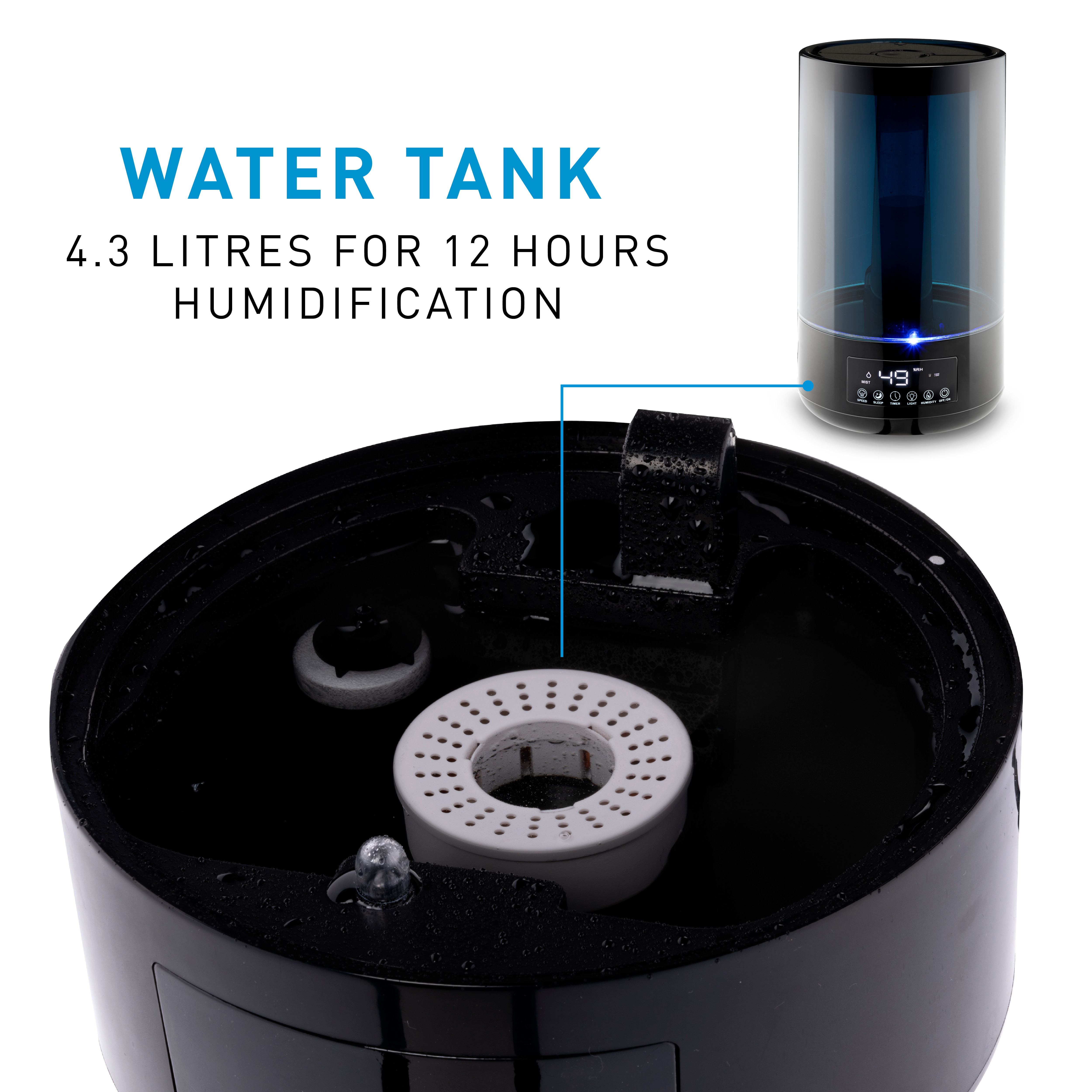 Le dessus ouvert d'un humidificateur noir avec un réservoir d'eau et du texte décrivant sa capacité.