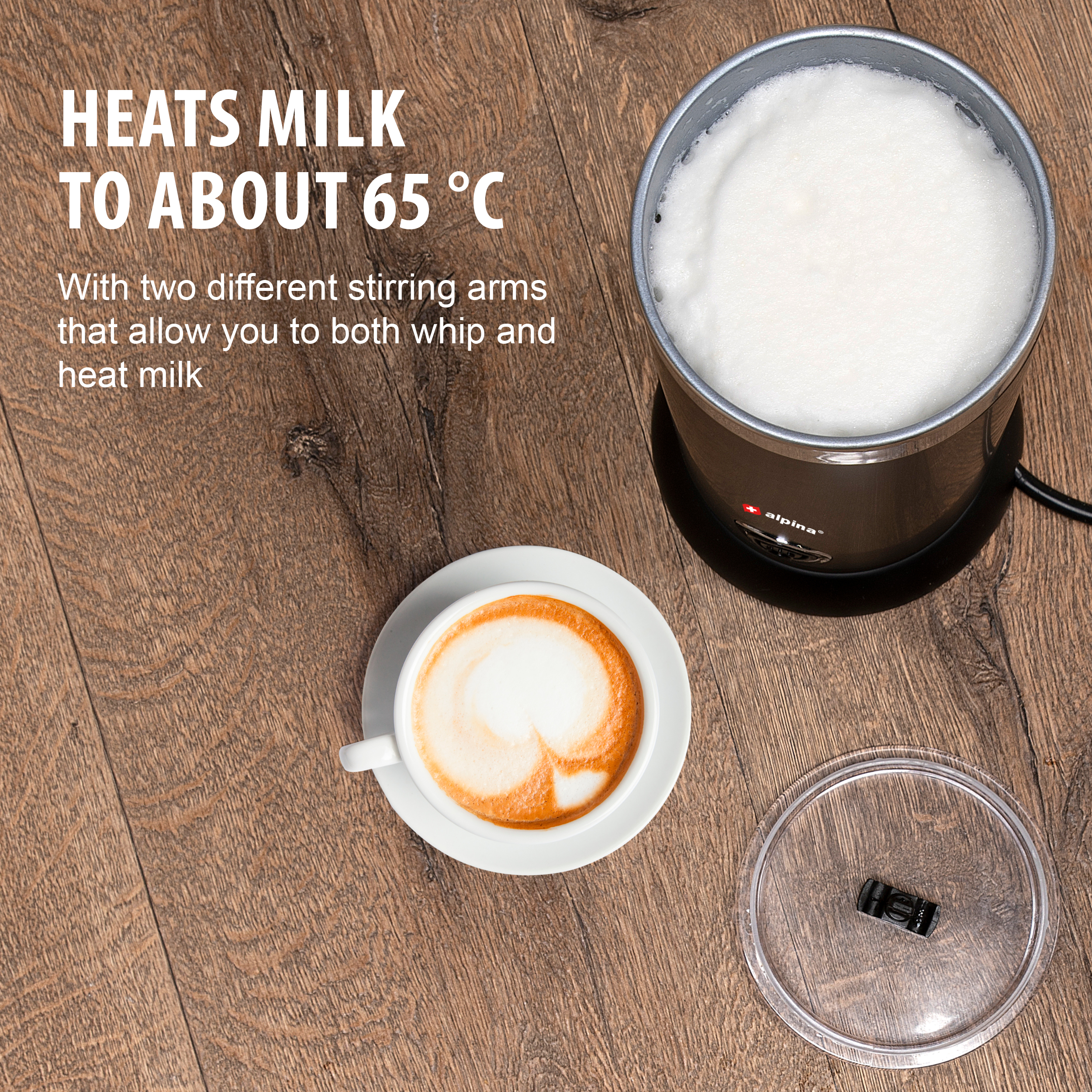 Milchaufschäumer mit Latte-Tasse und Deckel. Der Text sagt: "Erhitzt Milch auf ca. 65°C".