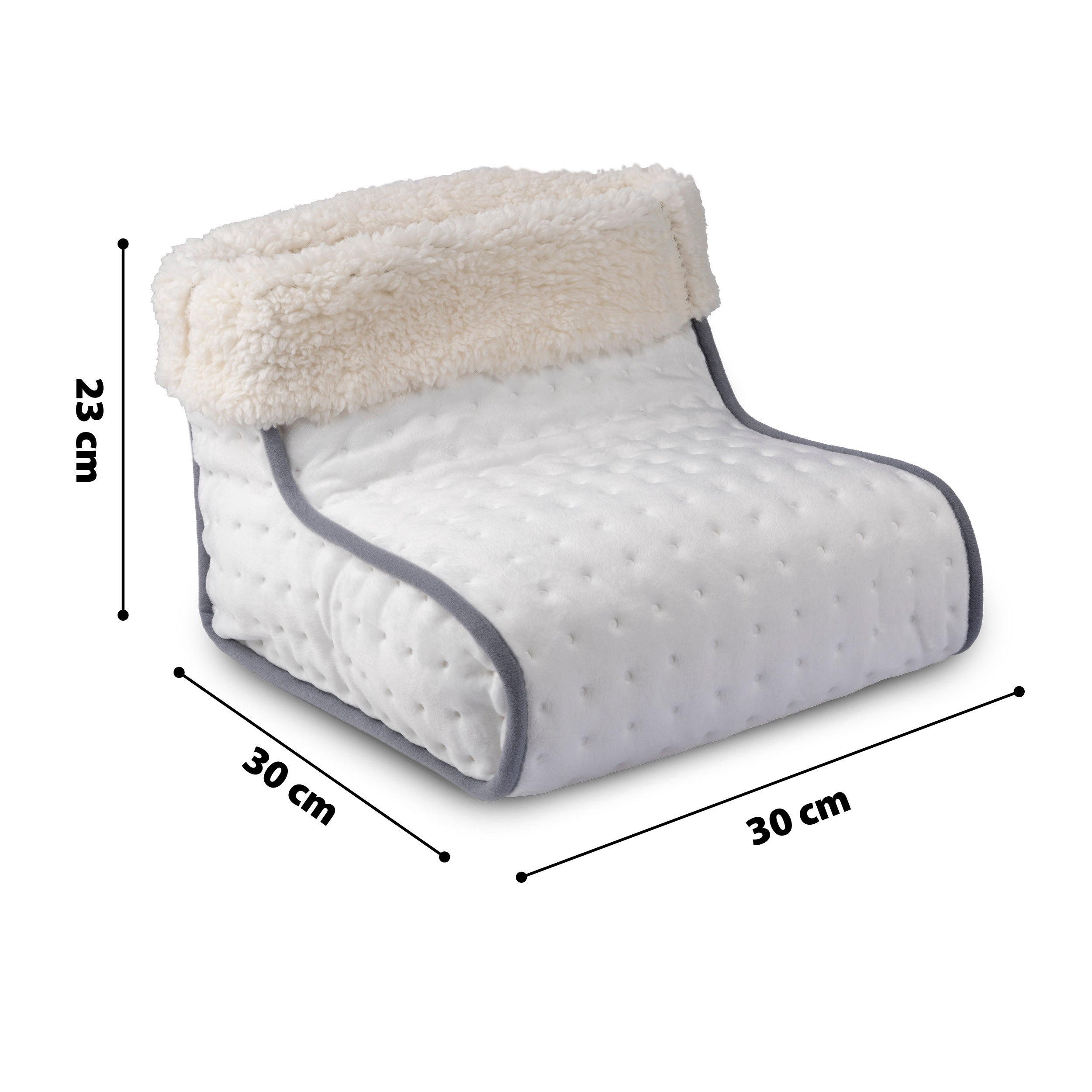 White foot warmer with dimensions, white background.