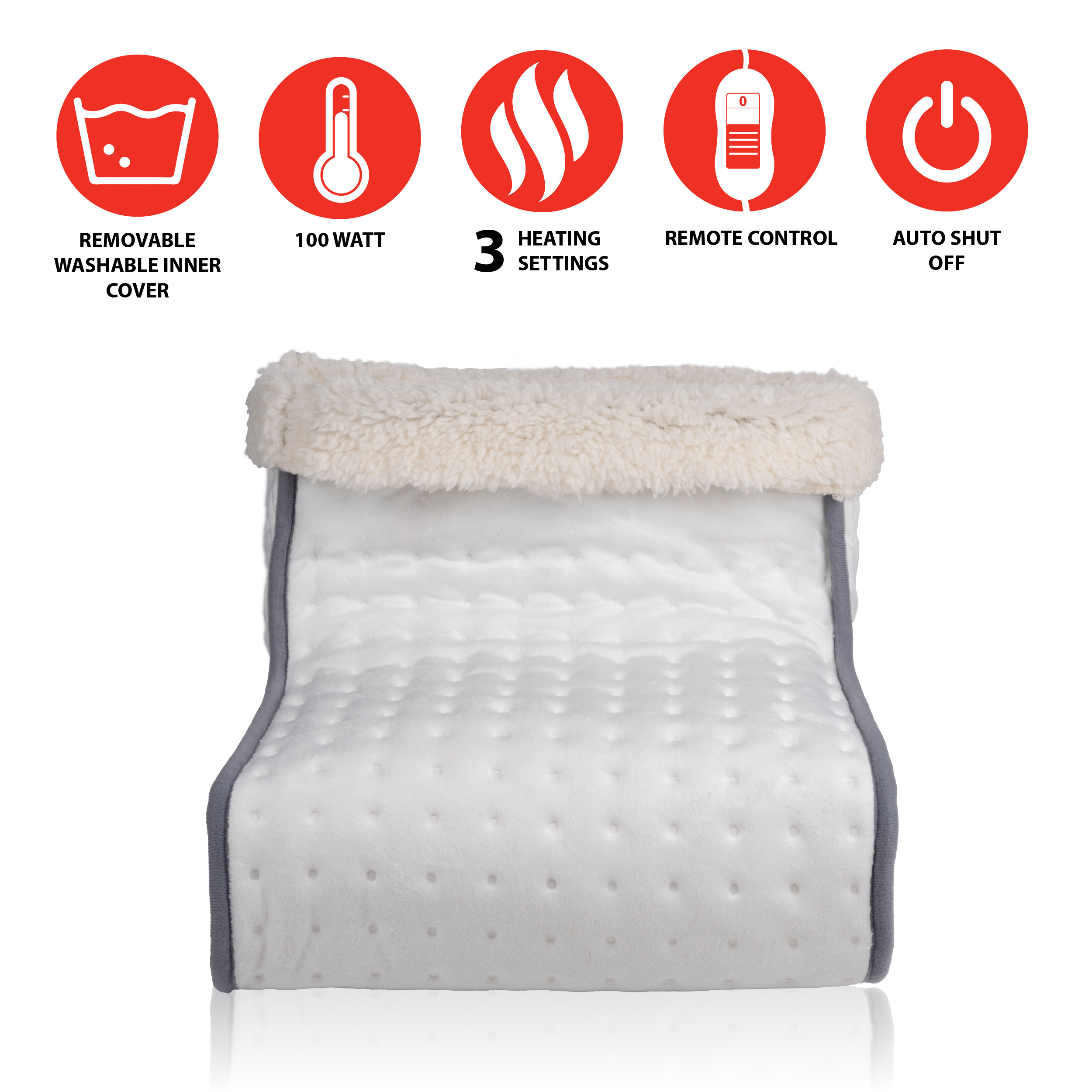 White heated blanket, with icons. Text: washable cover, 100W, 3 settings, remote, auto off.