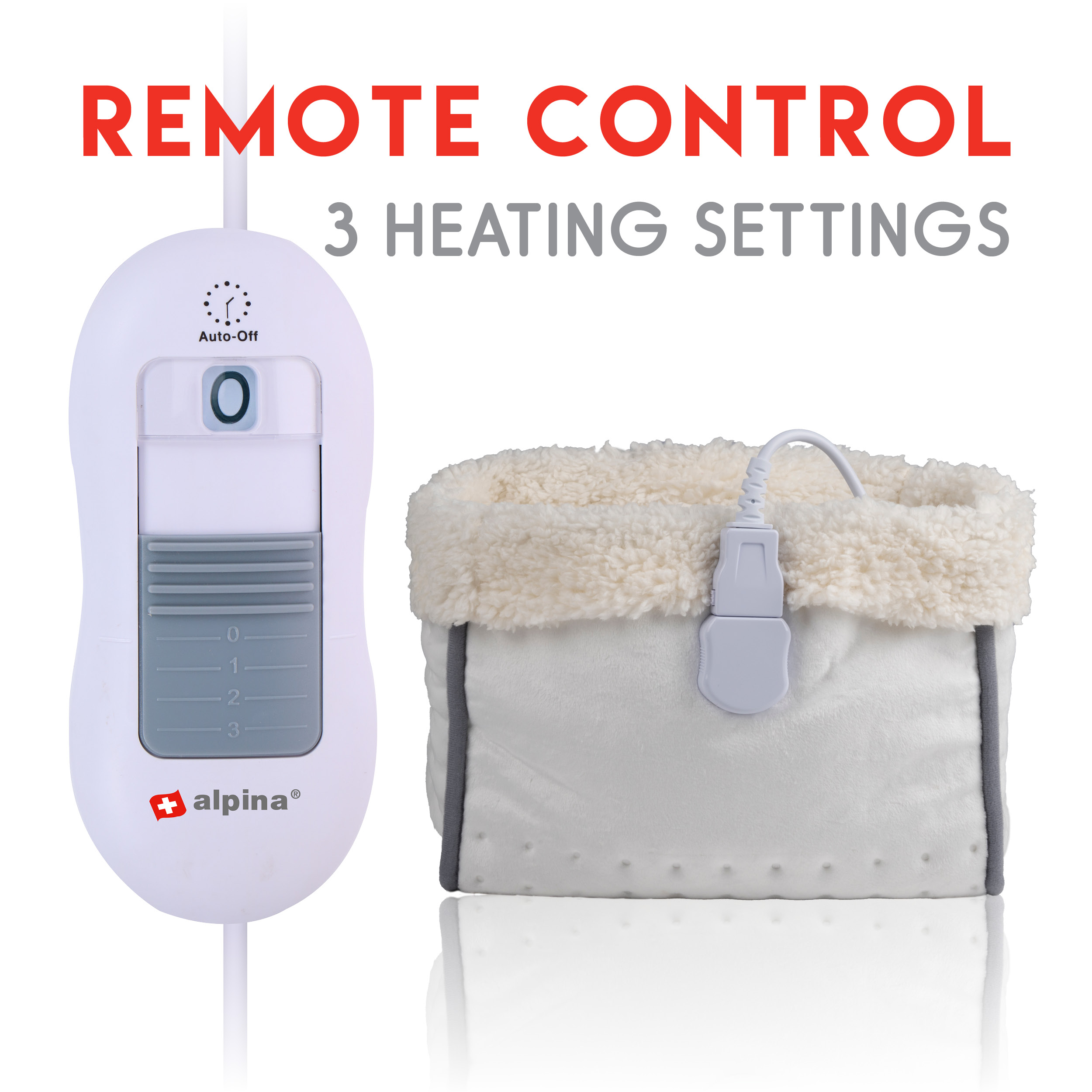 A white electric heating pad with a remote control. Features 3 heating settings and an auto-off function.