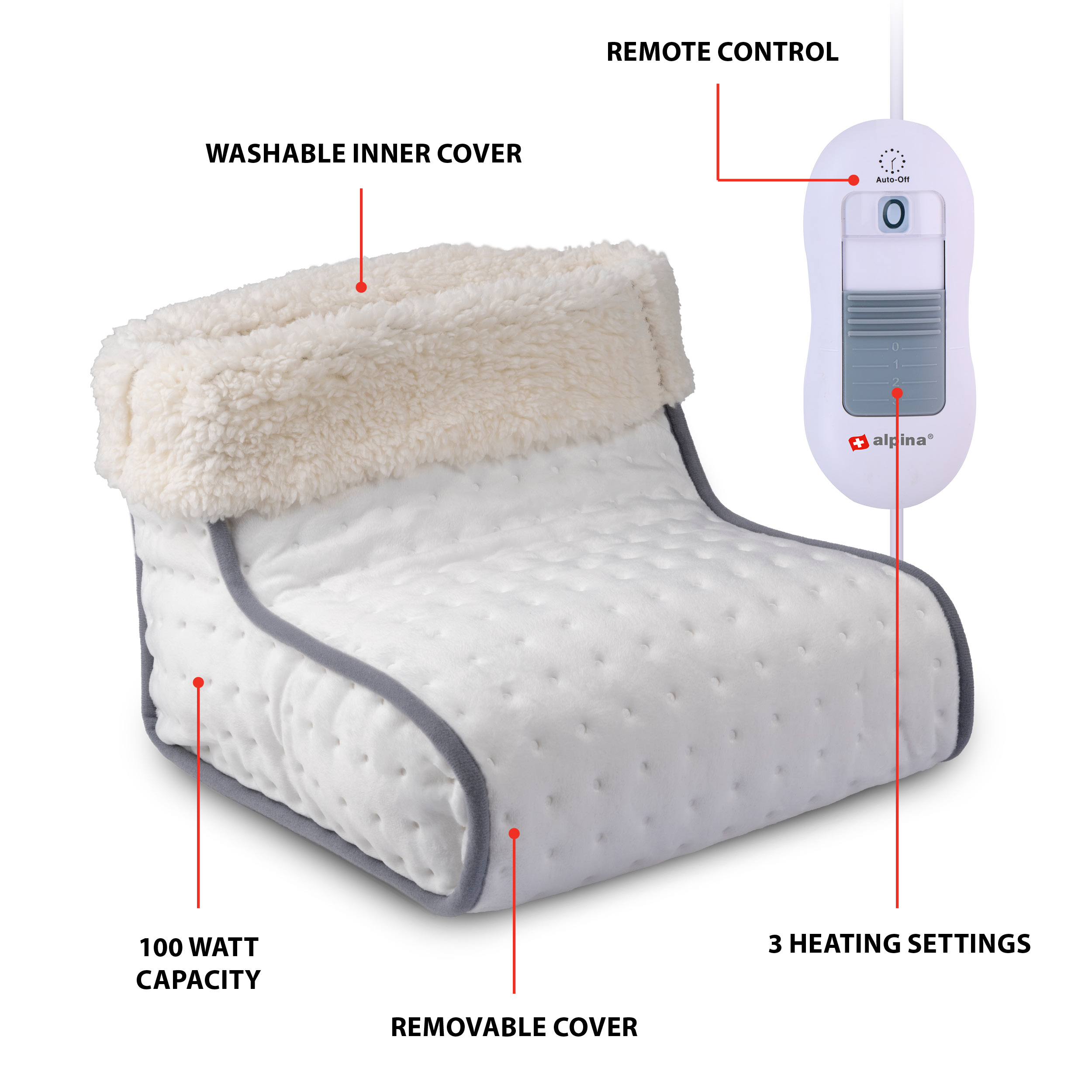 A white heating pad with a remote control and a washable and removable cover.