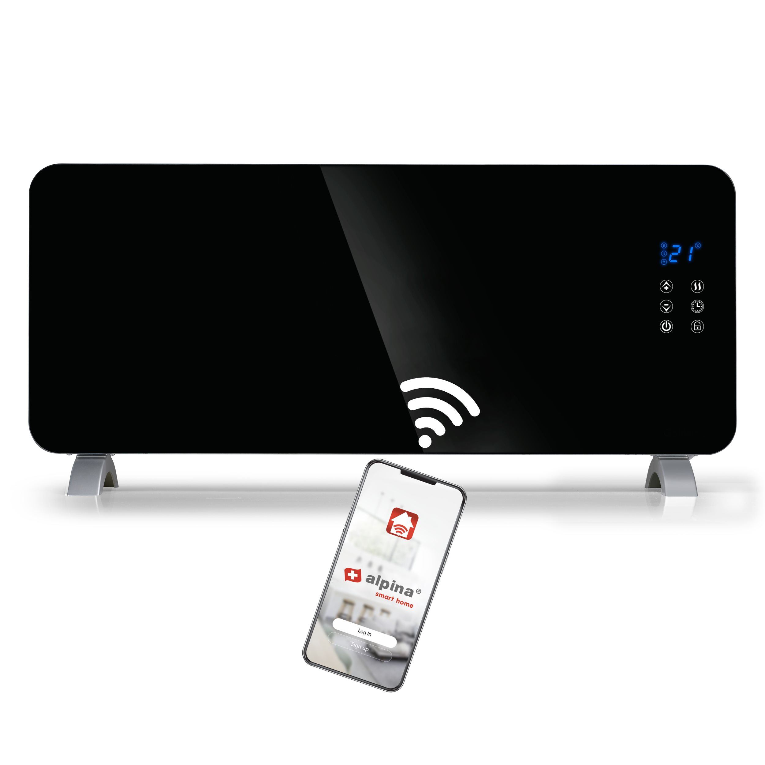Zwarte slimme kachel met een smartphone die de Alpina smart home app toont.