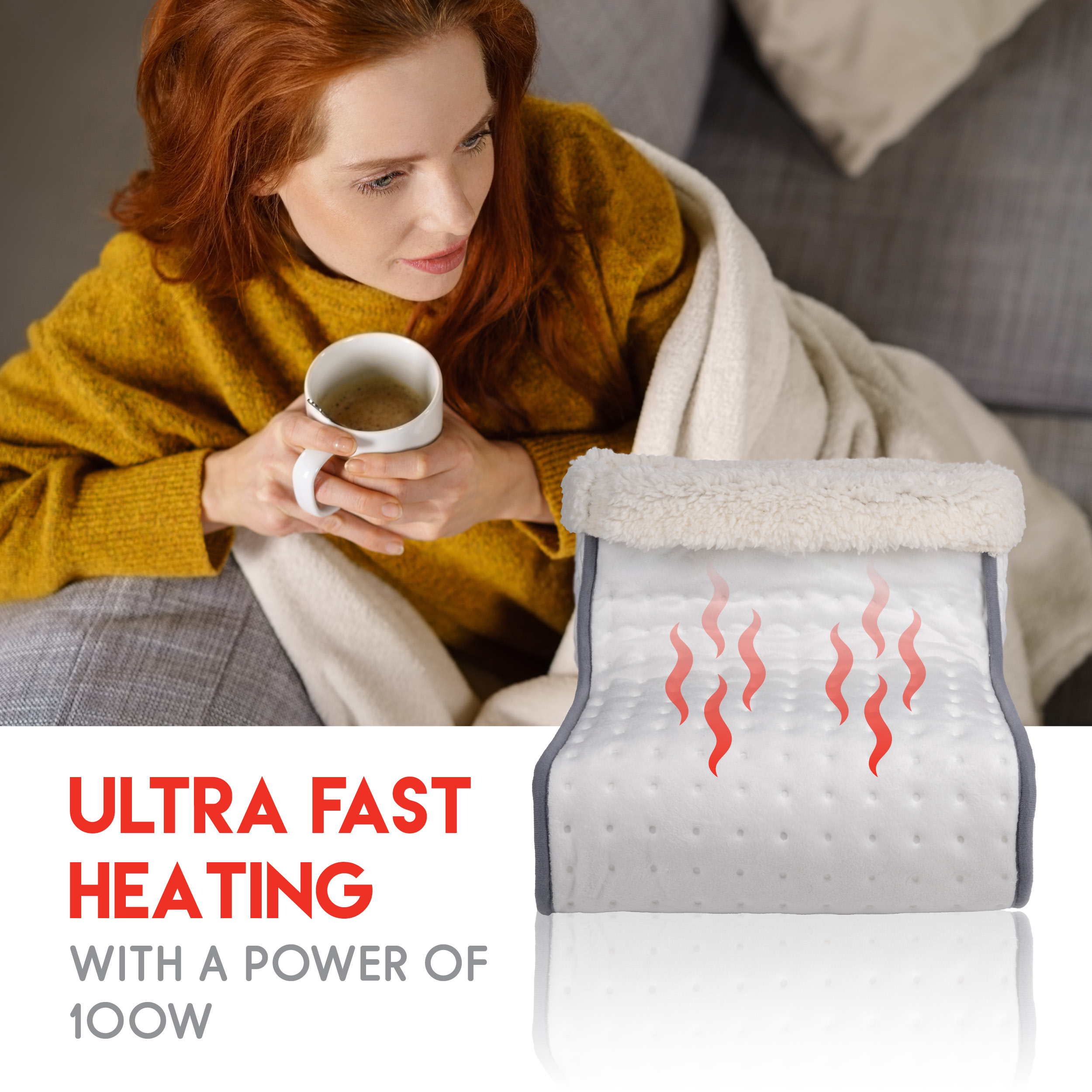 A woman holding a cup of coffee looking at a white heated blanket on the bed. Red lines for heat.