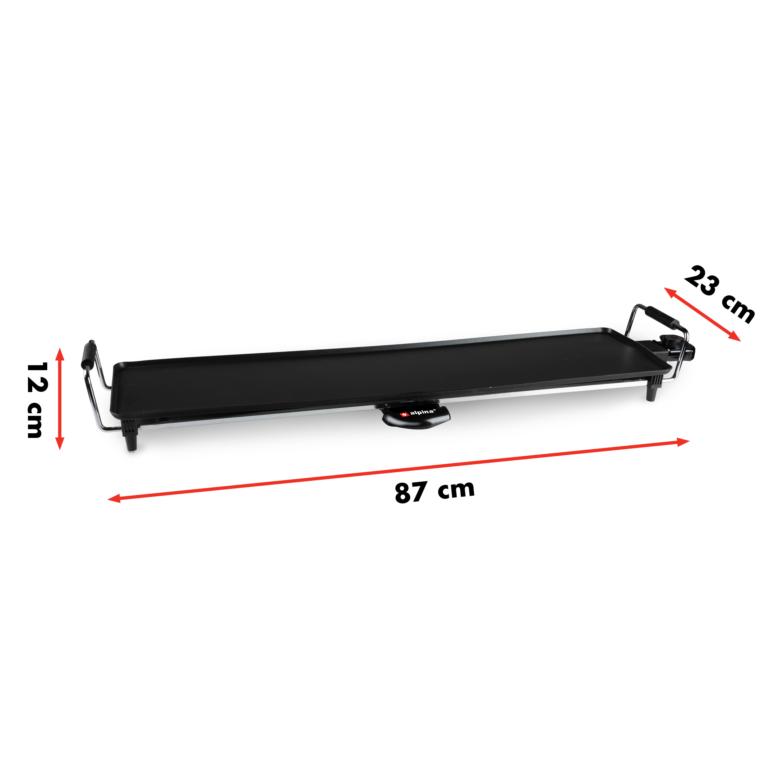 Schwarze elektrische Grillplatte mit Maßen: 87cm lang, 12cm breit, 23cm am Griff.