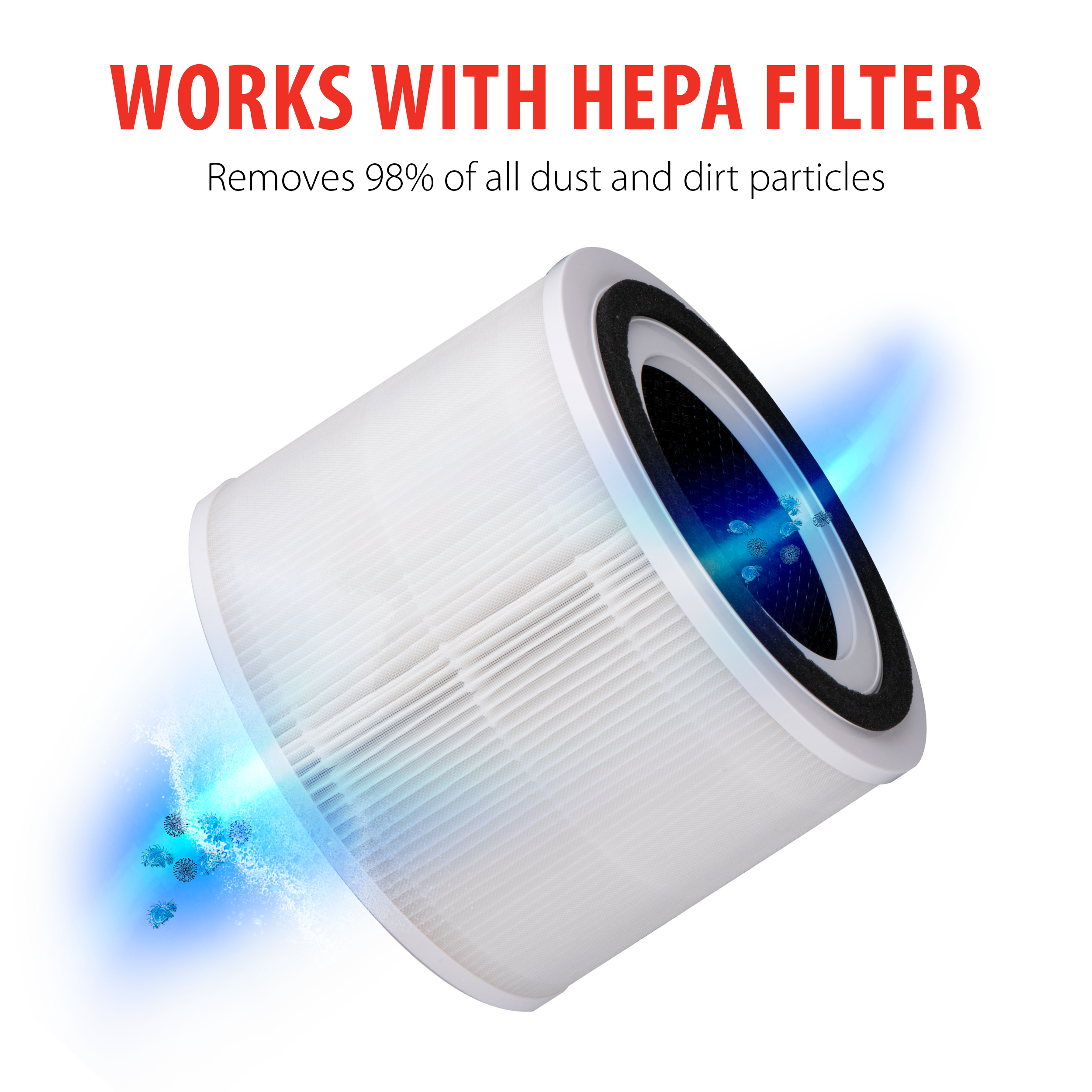 Luftfilter mit HEPA-Filter-Text. Blaue Luft strömt aus dem Filter.