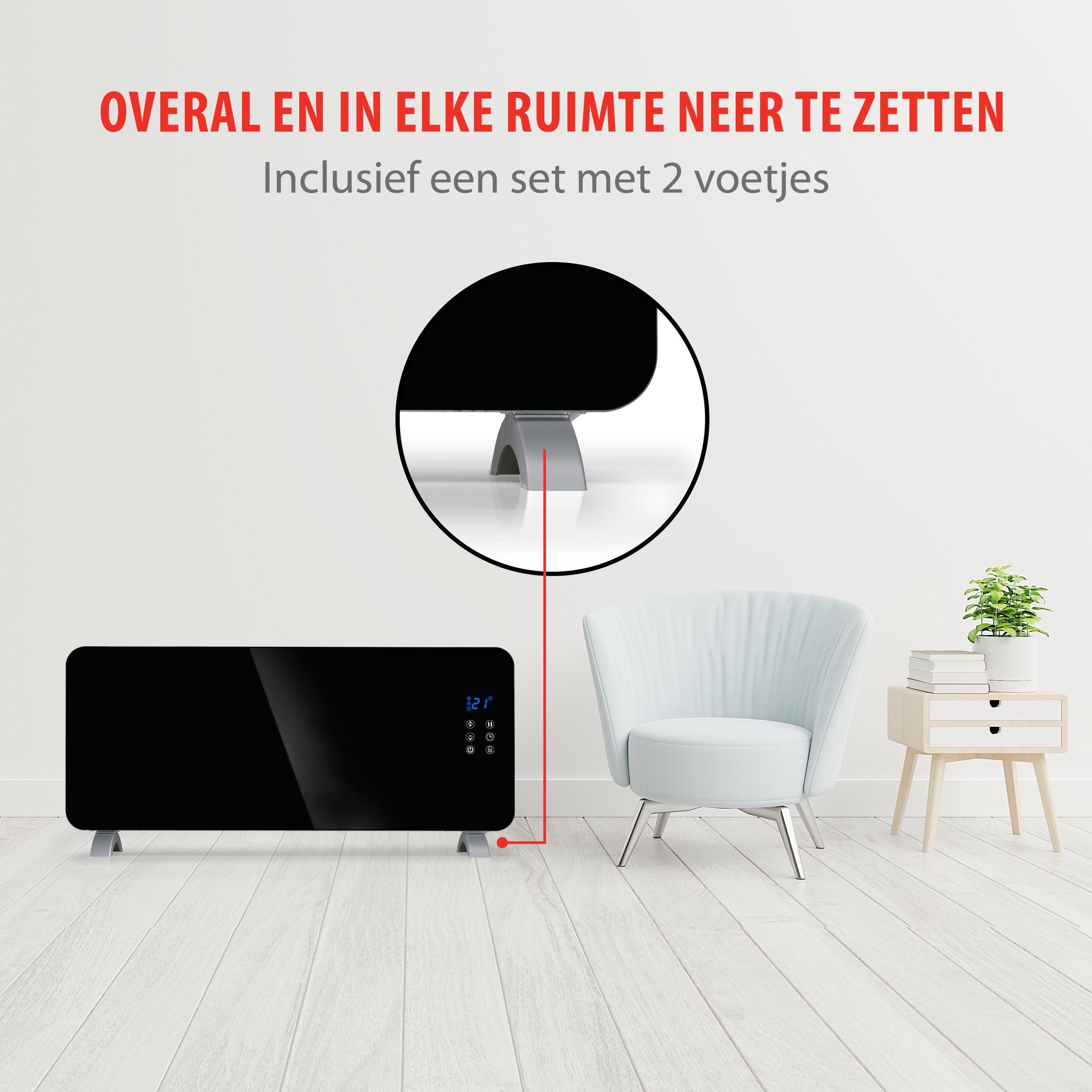 Zwarte elektrische kachel met digitaal display, naast een witte stoel en een bijzettafel.