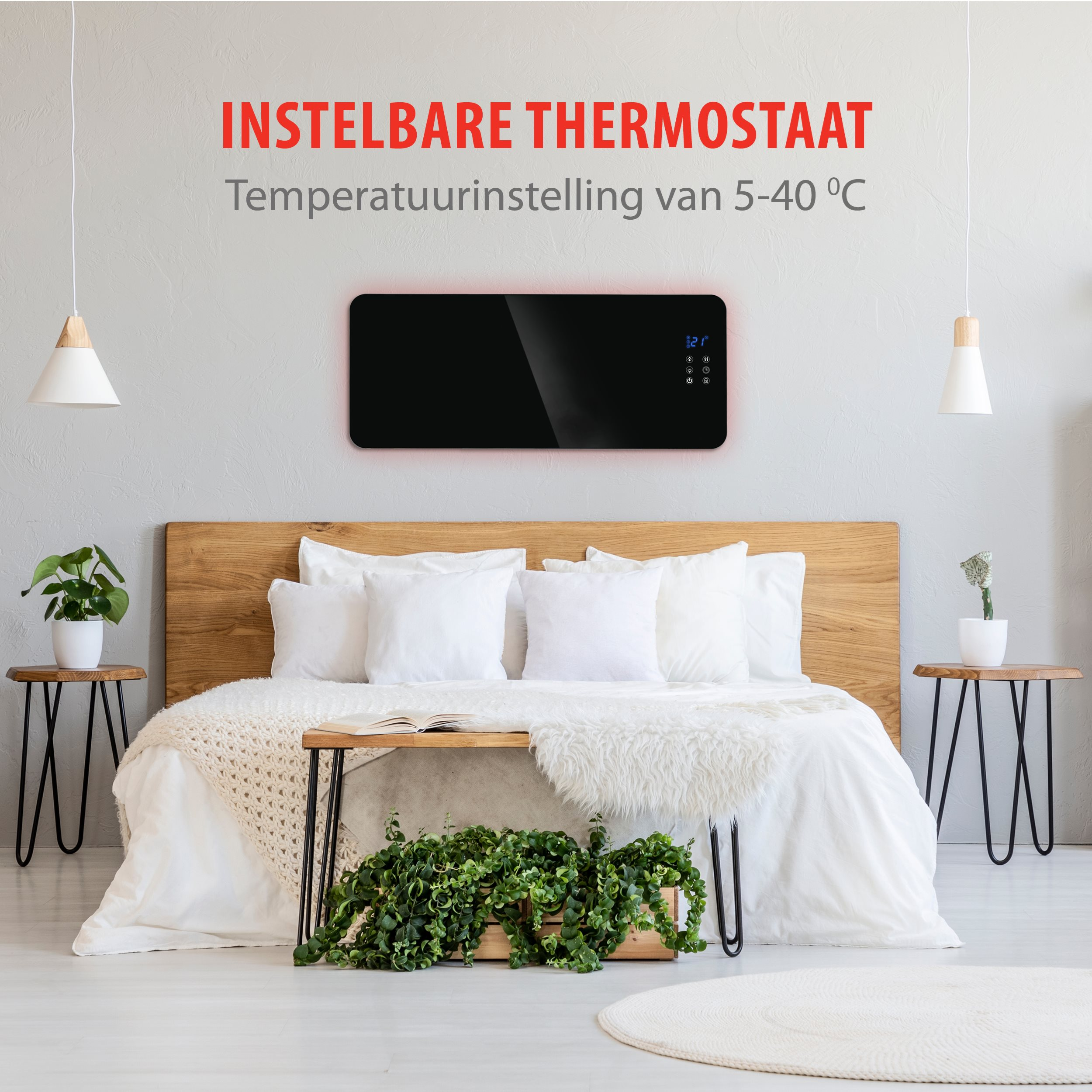Een zwarte kachel aan de muur boven een bed. Tekst: instelbare thermostaat.