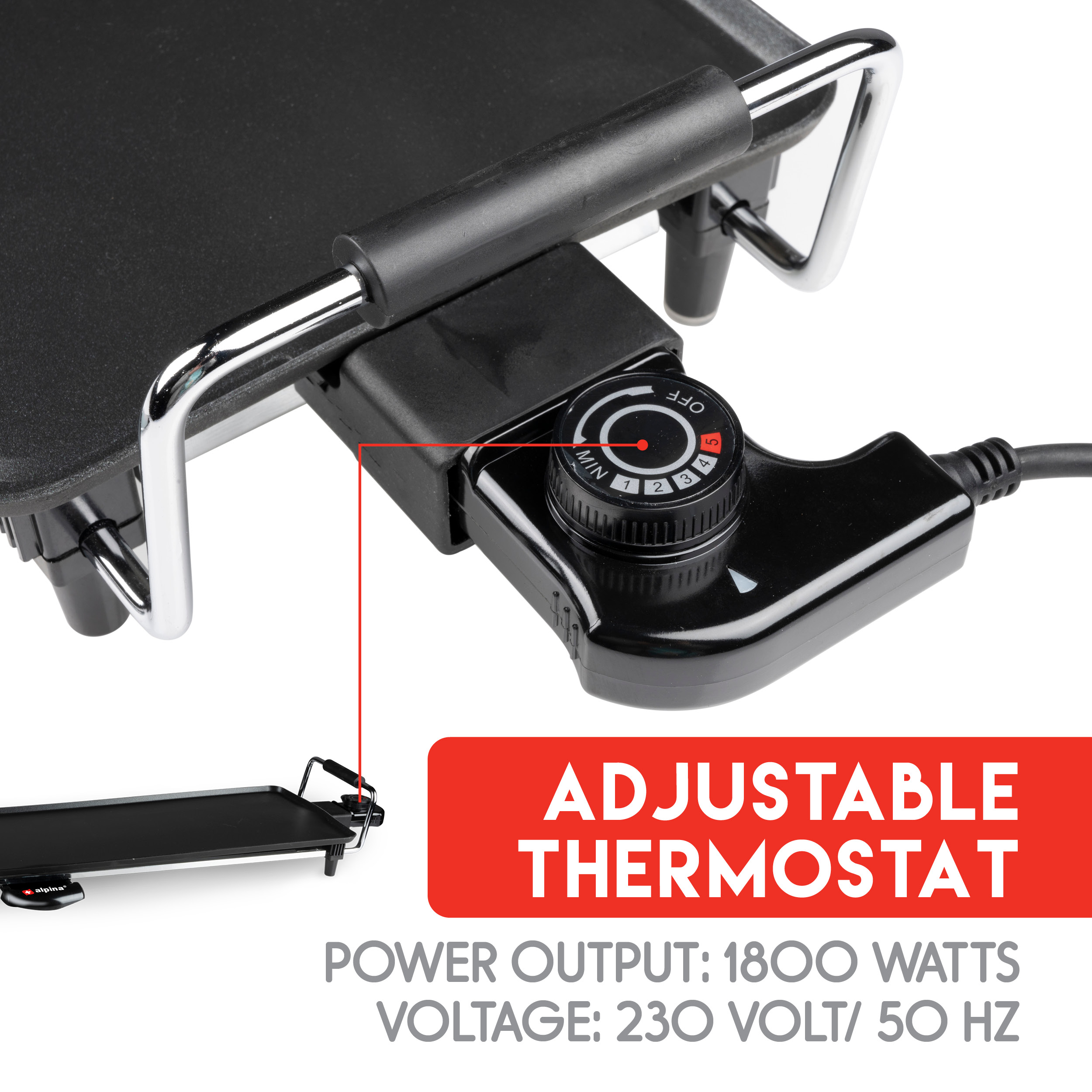 Eine elektrische Grillplatte mit einstellbarem Thermostat und Leistungsausgangsinformationen.