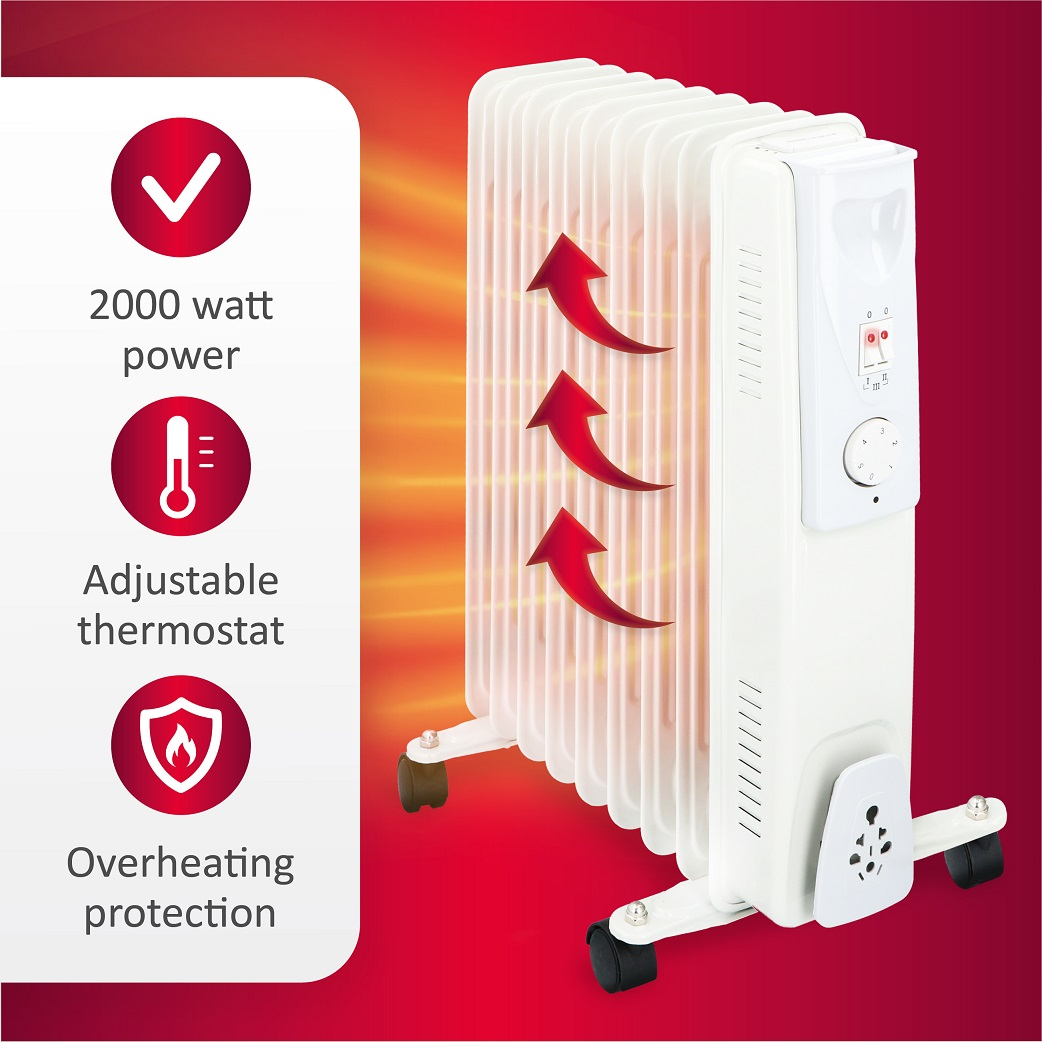 Witte elektrische radiator met rode pijlen, pictogrammen en rode achtergrond.