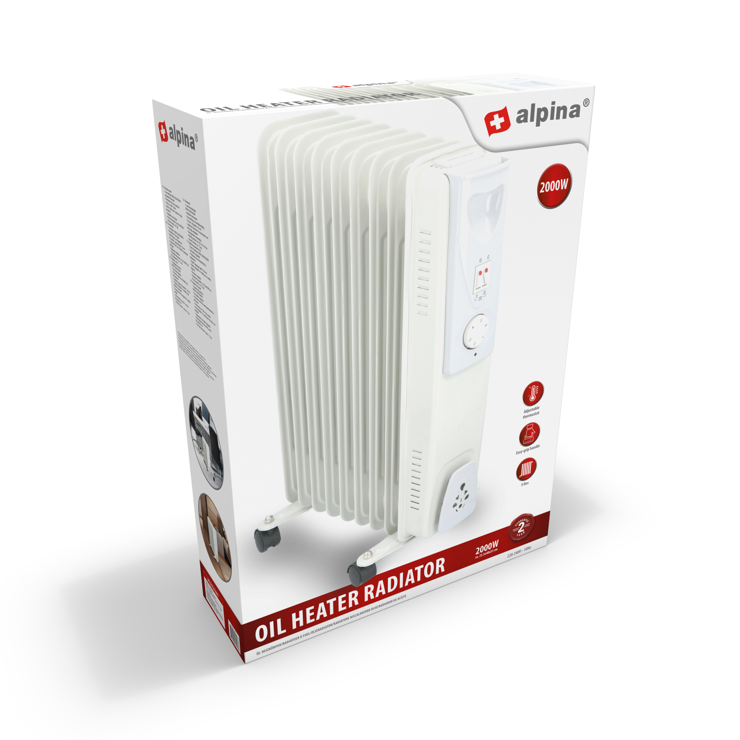 Witte olie radiator in een doos. De doos heeft tekst en afbeeldingen.