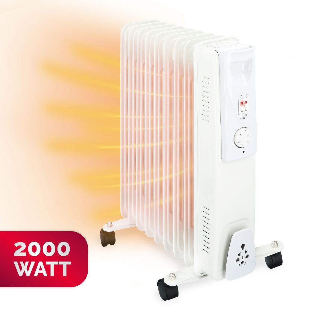 Witte kachel met rode tekst: 2000 watt. Kachel heeft oranje licht.