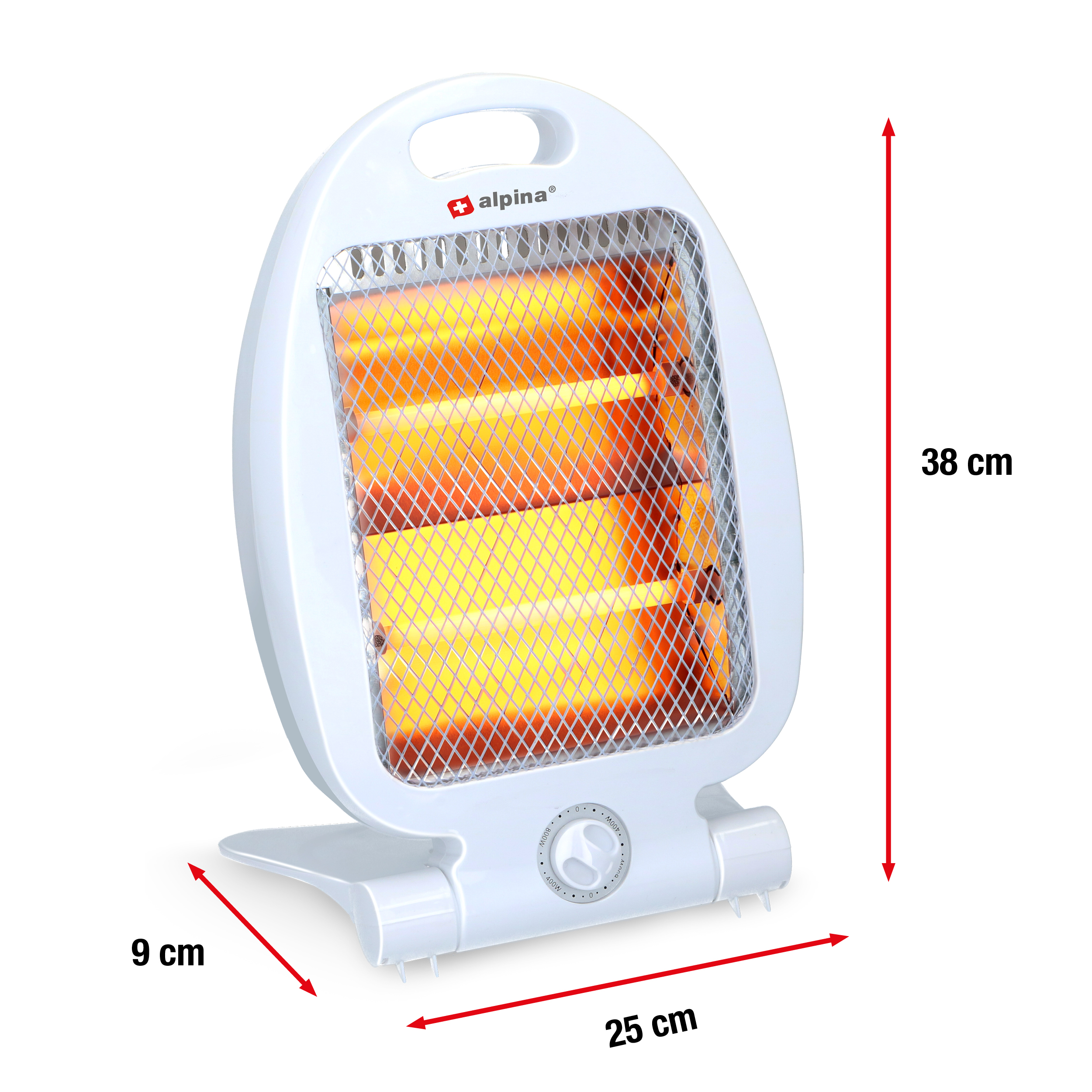 Chauffage électrique ovale blanc avec dimensions étiquetées. Il a une poignée et un élément chauffant visible.