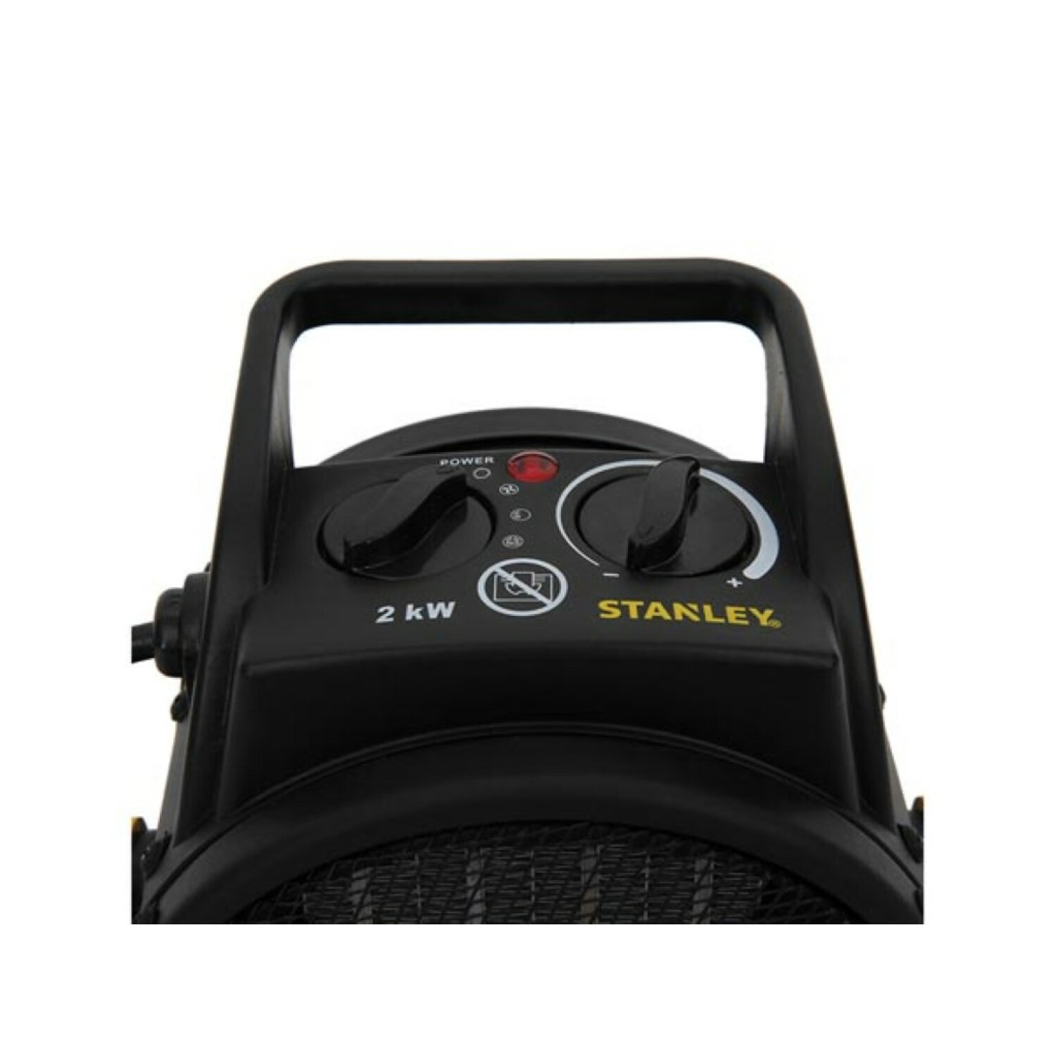Primo piano del pannello di controllo di un riscaldatore nero. Sono visibili manopole e marcature. Il marchio è Stanley.