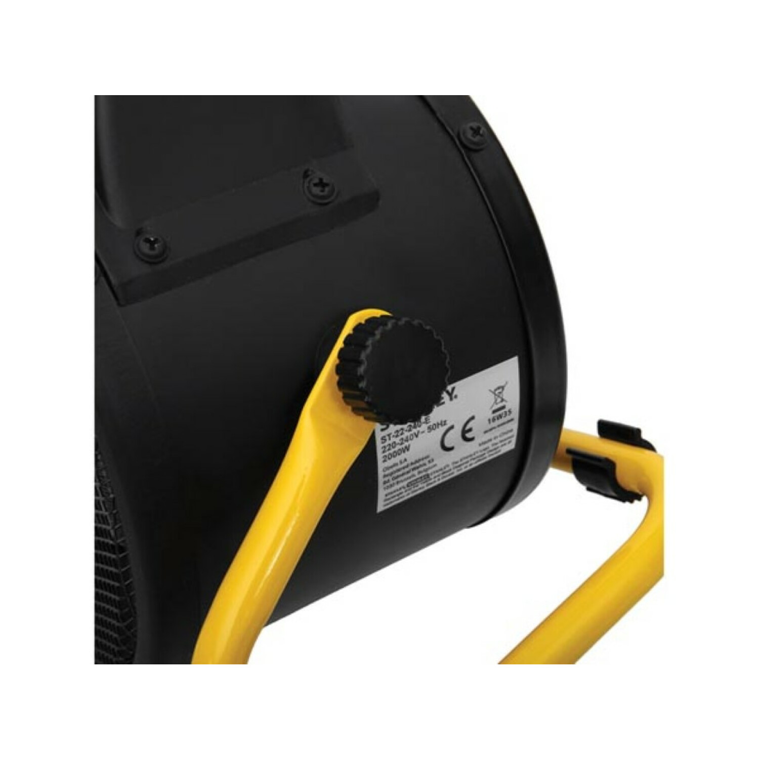 Un ventilatore nero con maniglia gialla ed etichetta laterale.