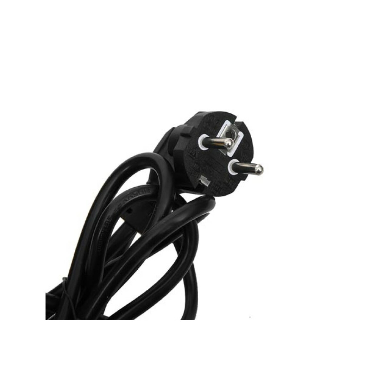 Spina nera con tre spine e un cavo nero. Il cavo è arrotolato. Sfondo bianco.