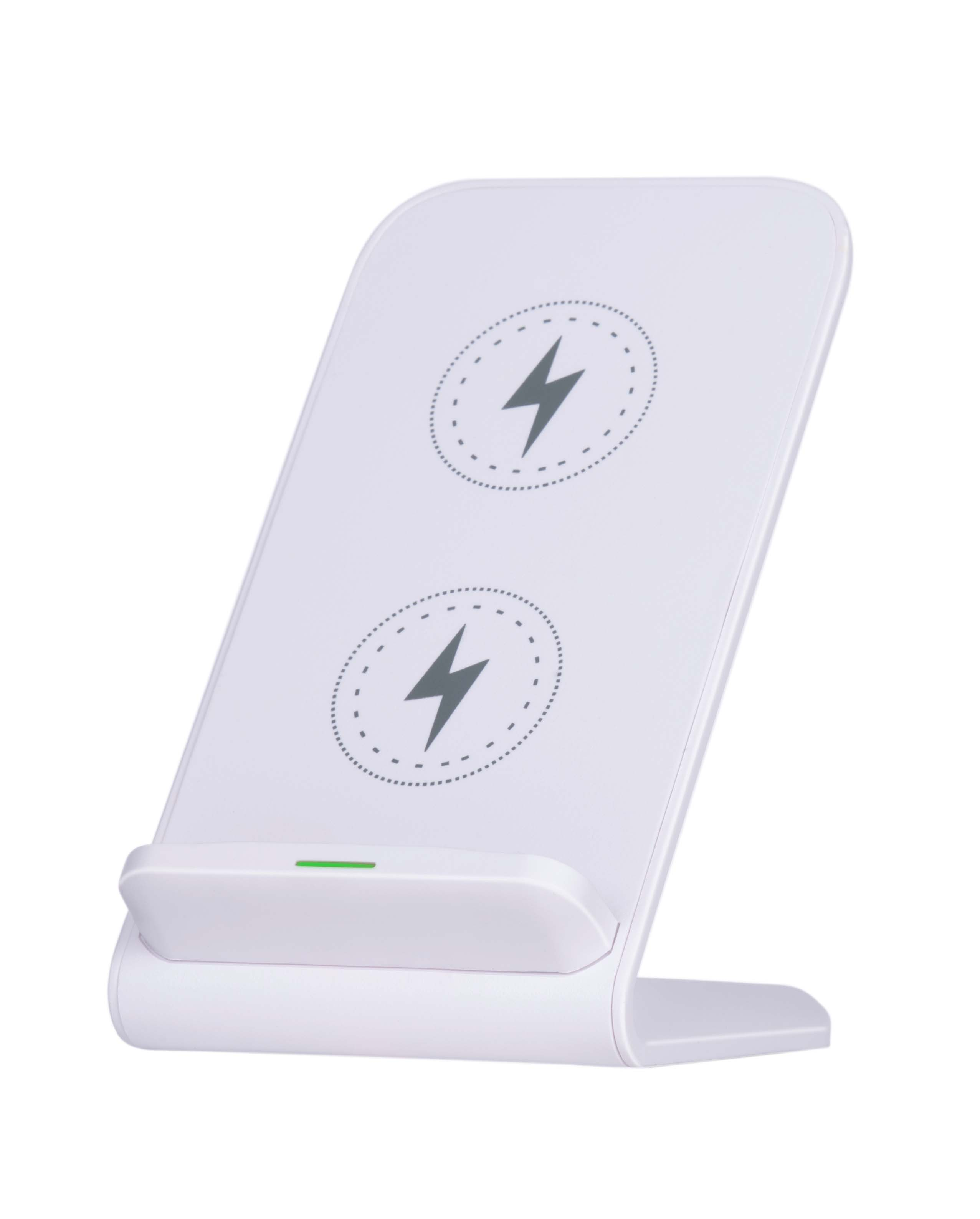 Witte draadloze oplaadstandaard. Twee oplaadpads en een groen indicatielampje zijn zichtbaar.