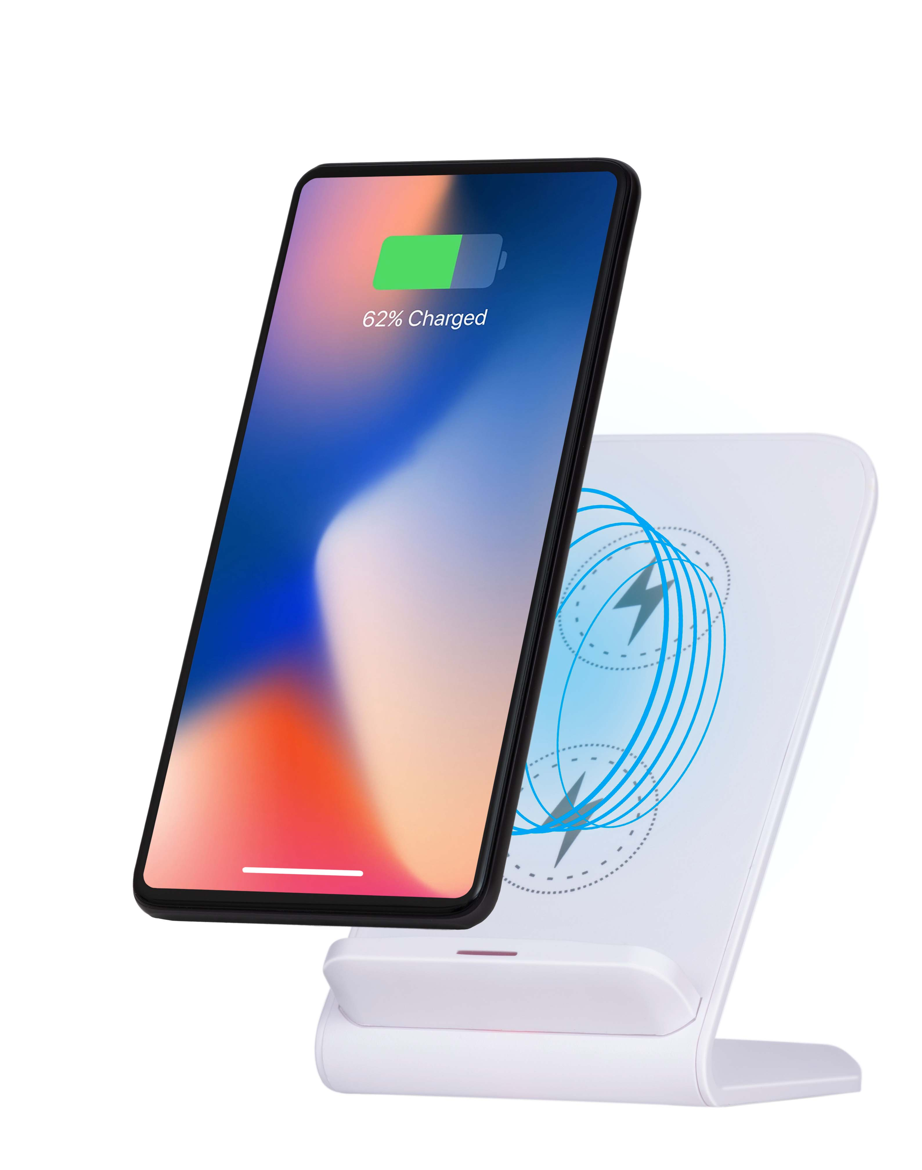 Witte draadloze oplader met een telefoon die oplaadt, 62% opgeladen. Witte achtergrond.