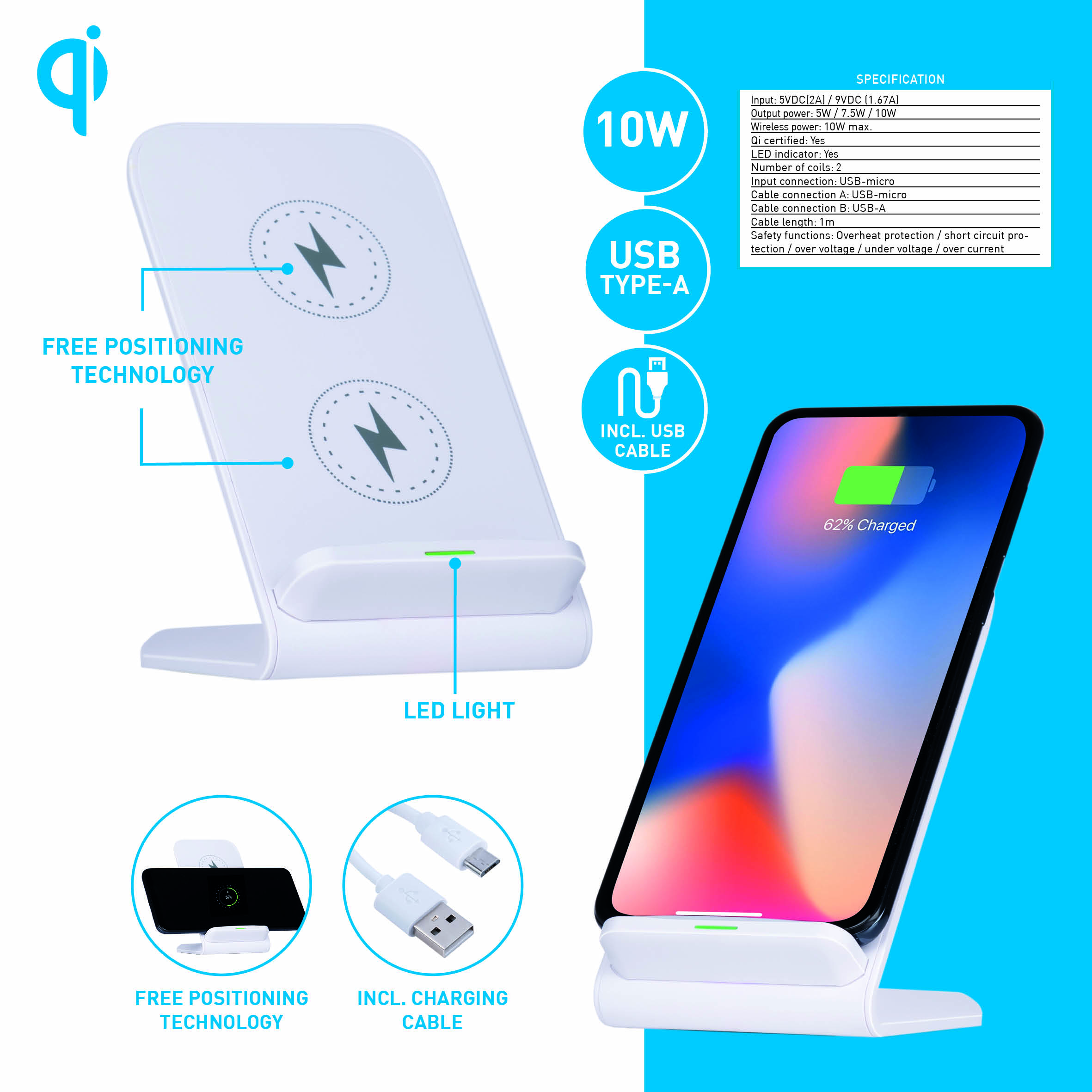 Witte draadloze oplader met telefoon. Tekst: Free Positioning Technology, Incl. USB-kabel. Specificatie details.