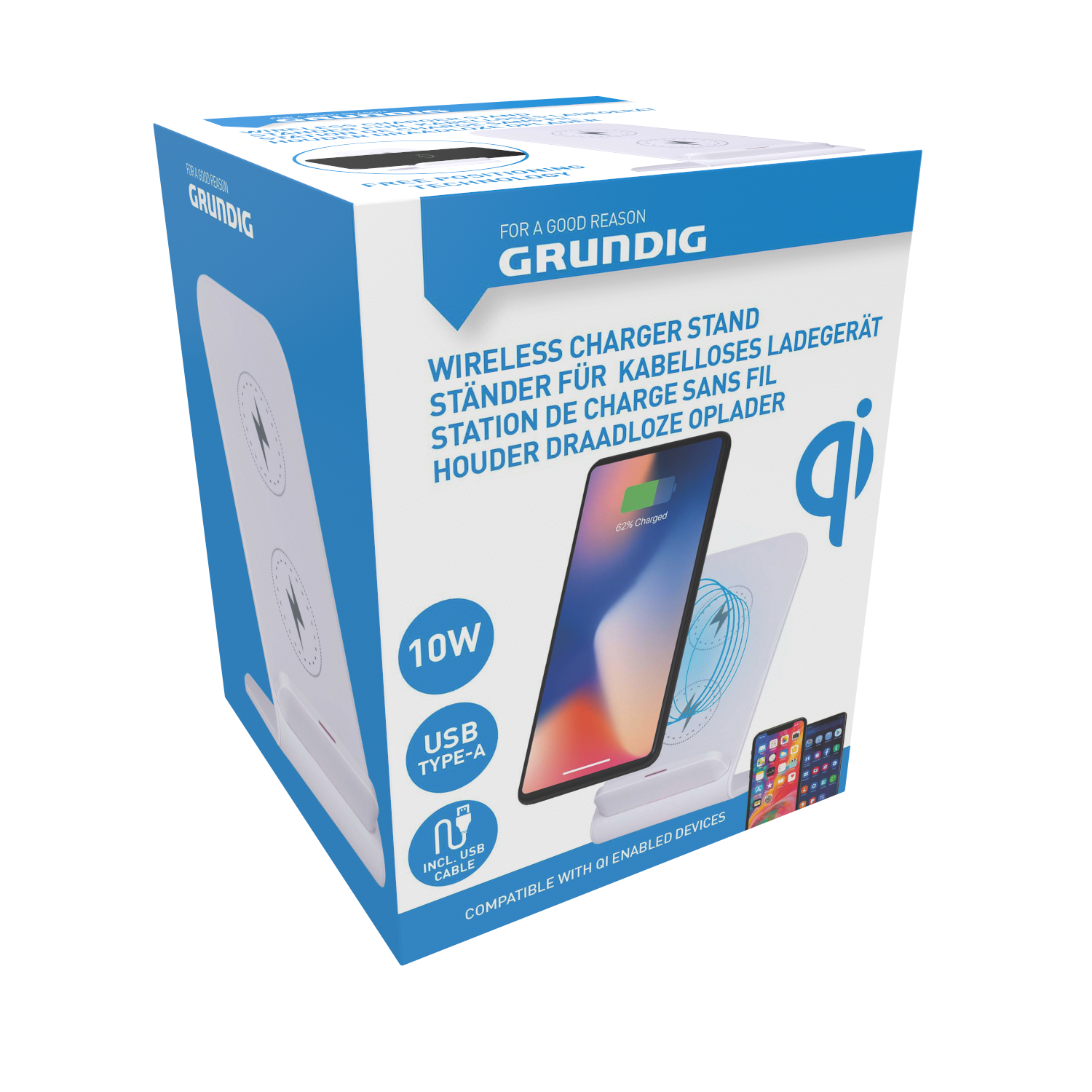 Witte en blauwe Grundig draadloze oplader met telefoon. Doos toont telefoon- en opladerdetails.