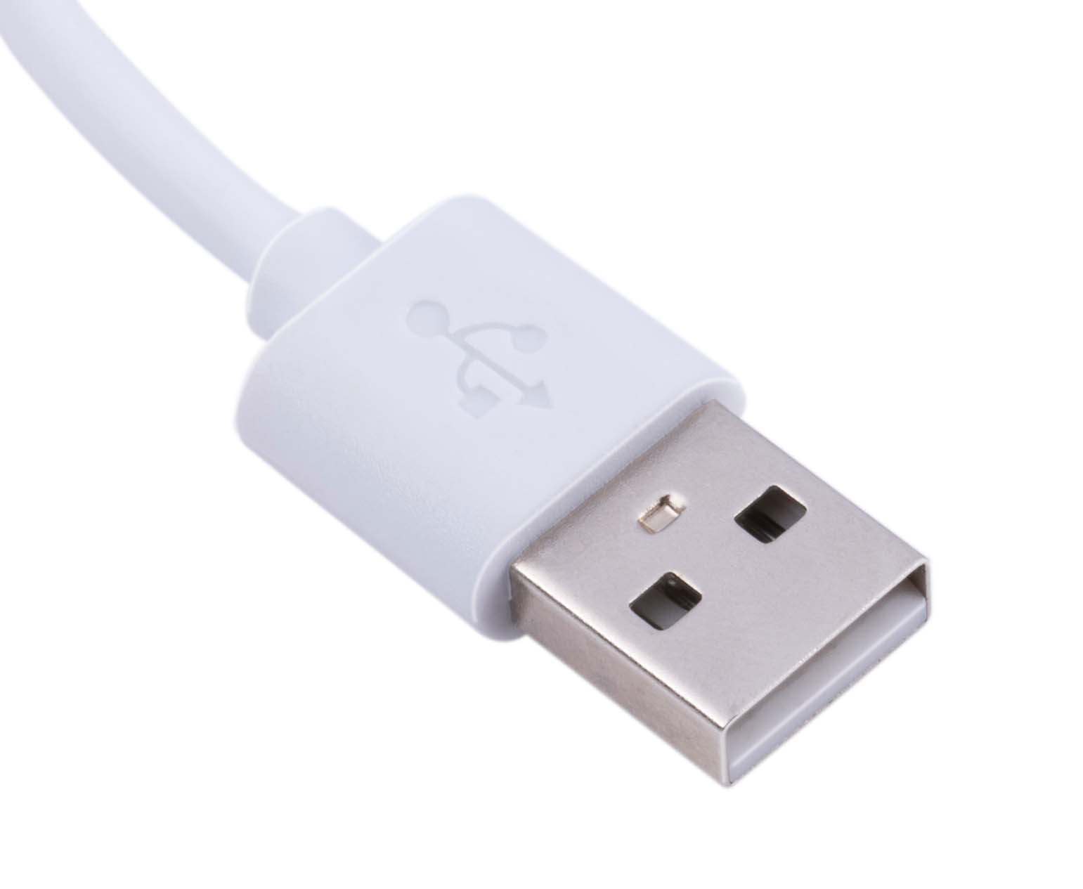USB-connector met een witte kabel.
