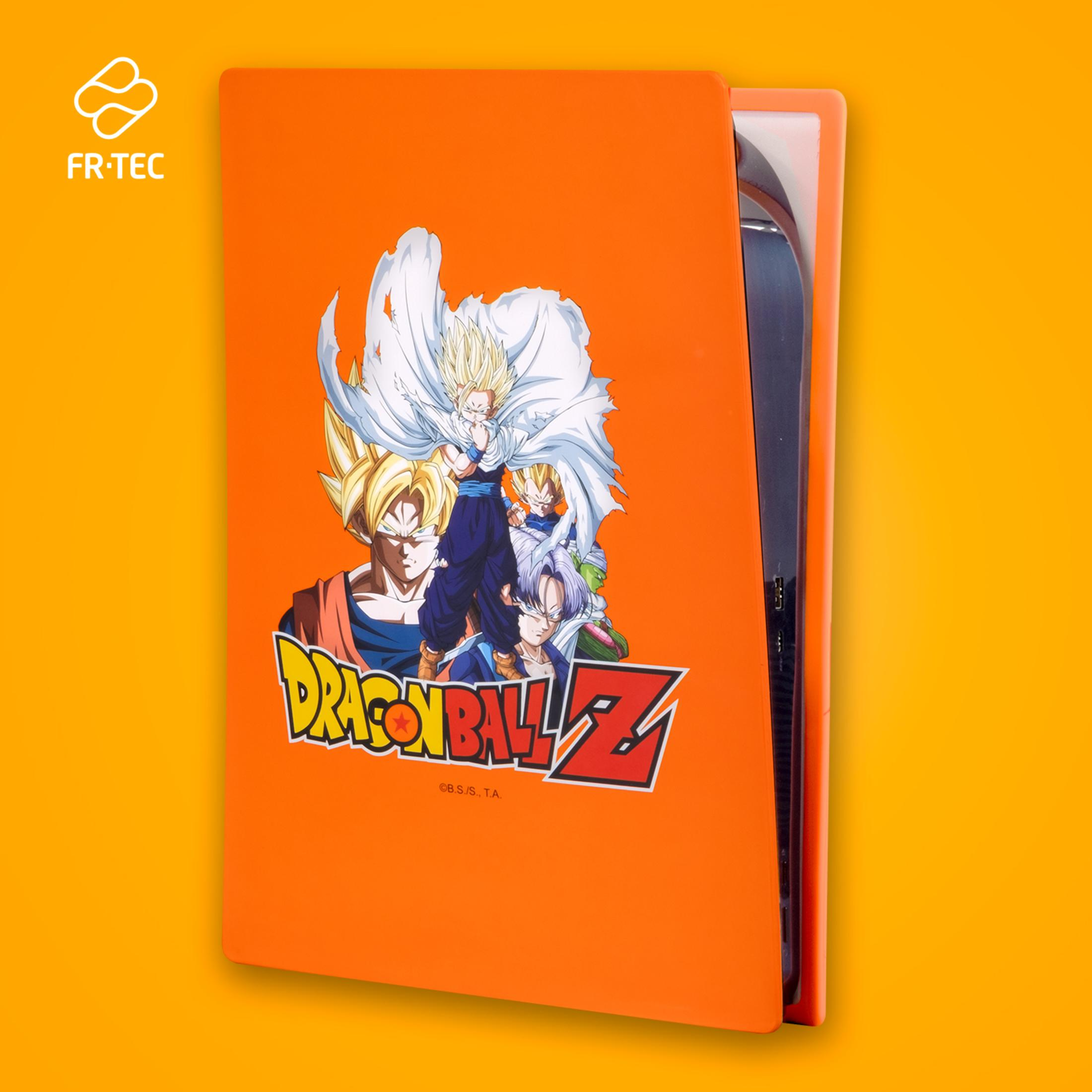 Cubierta naranja de PS5 con personajes de Dragon Ball Z. La cubierta está abierta en la consola.