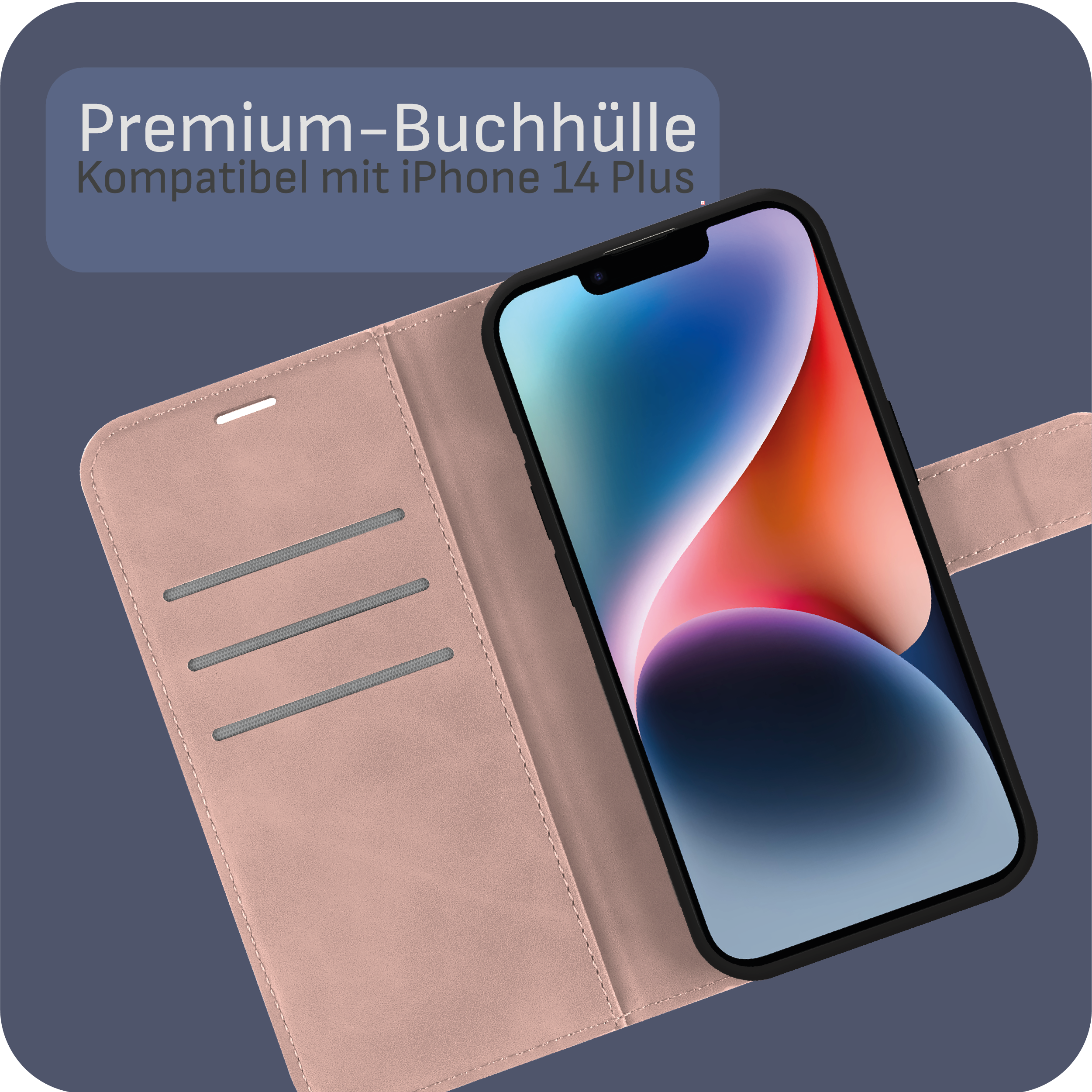 Ein Telefon in einer rosa Hülle mit Wallet-Design auf lila Hintergrund, mit einem Telefon darin.