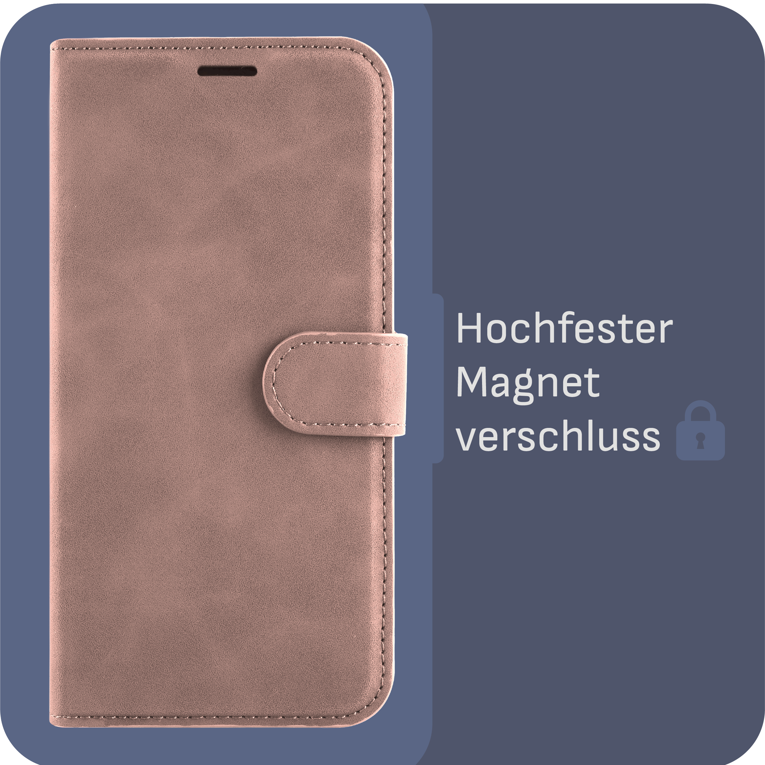 Rosa Handyhülle mit Magnetverschluss. Text: 'Hochfester Magnetverschluss'.