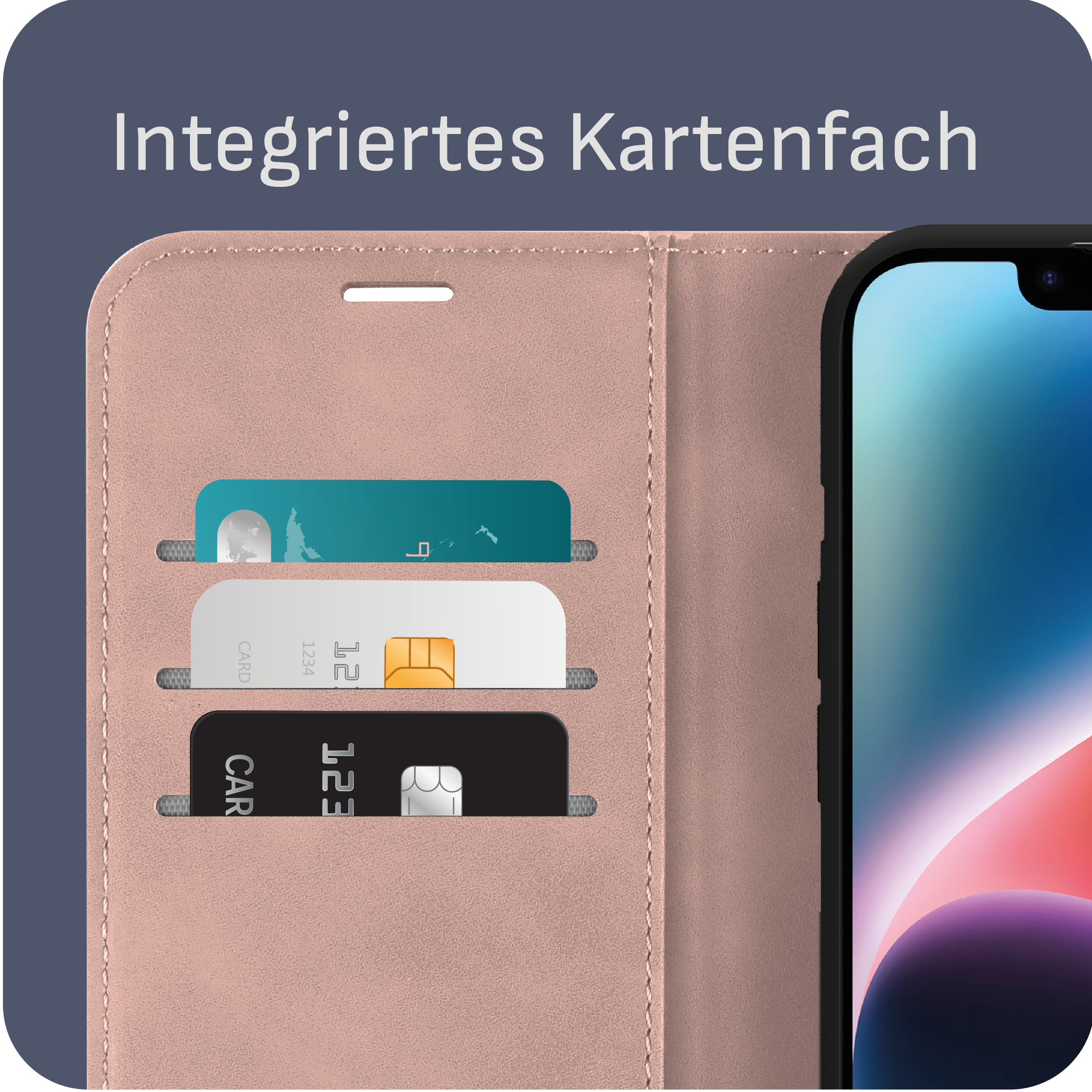 Handyhülle mit Kartenfächern, Karten sichtbar eingesetzt. Rosa Hülle, schwarzer Hintergrund.