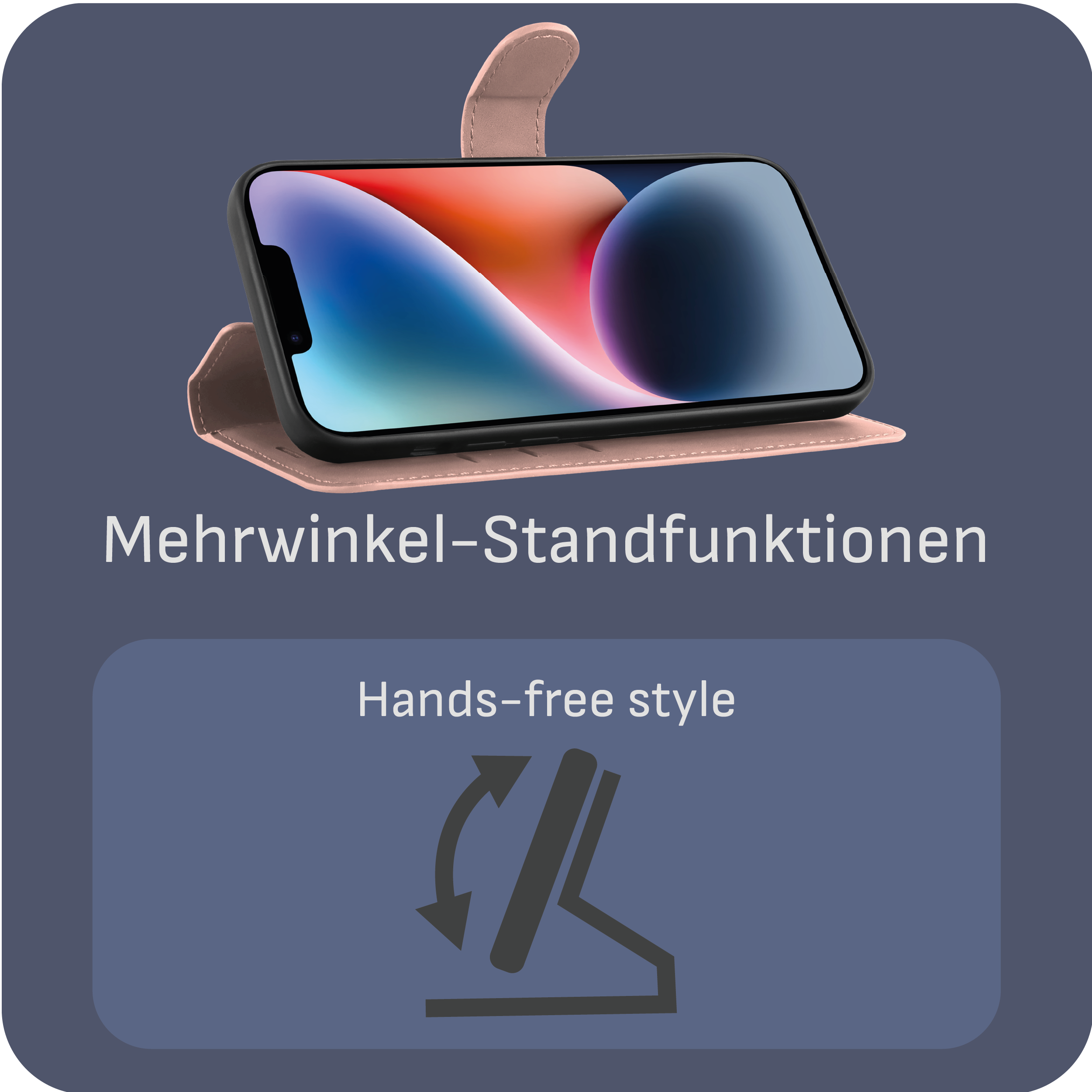 Telefon in rosa Hülle, zeigt Multi-Winkel-Stützfunktion.