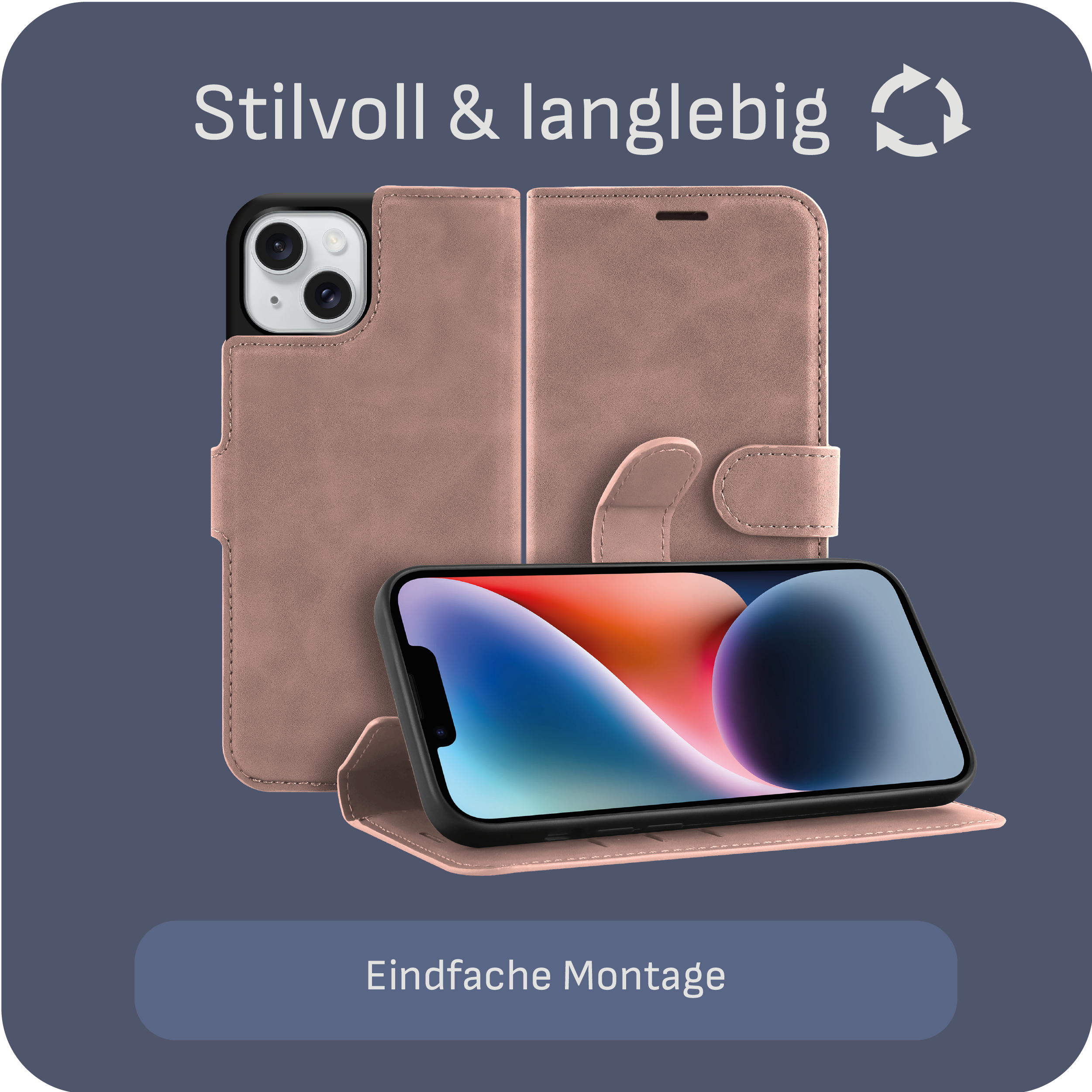 Eine Handyhülle mit Telefon im Inneren. Sie ist rosa mit einem Geldbörsen-Design und einem Telefon im Inneren.