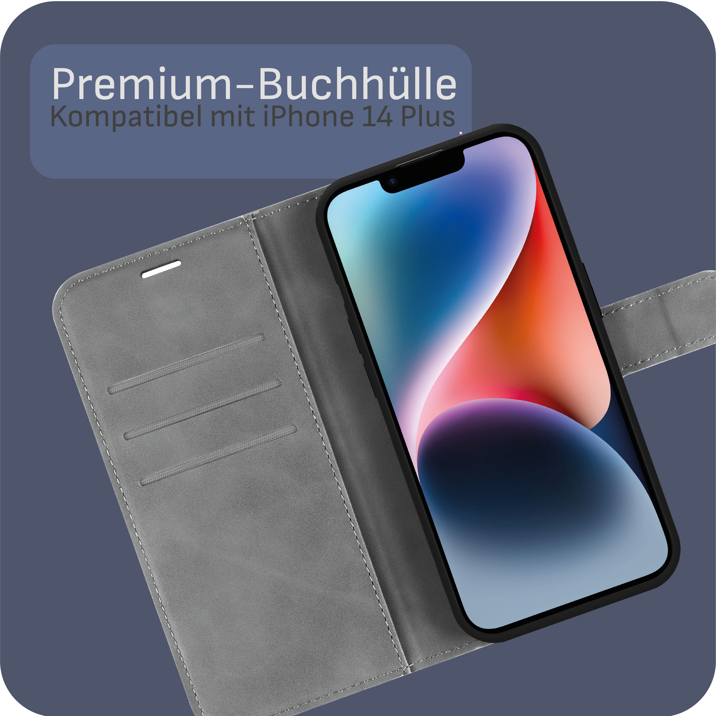 Handyhülle mit iPhone, offen auf grauer Oberfläche. Text oben.