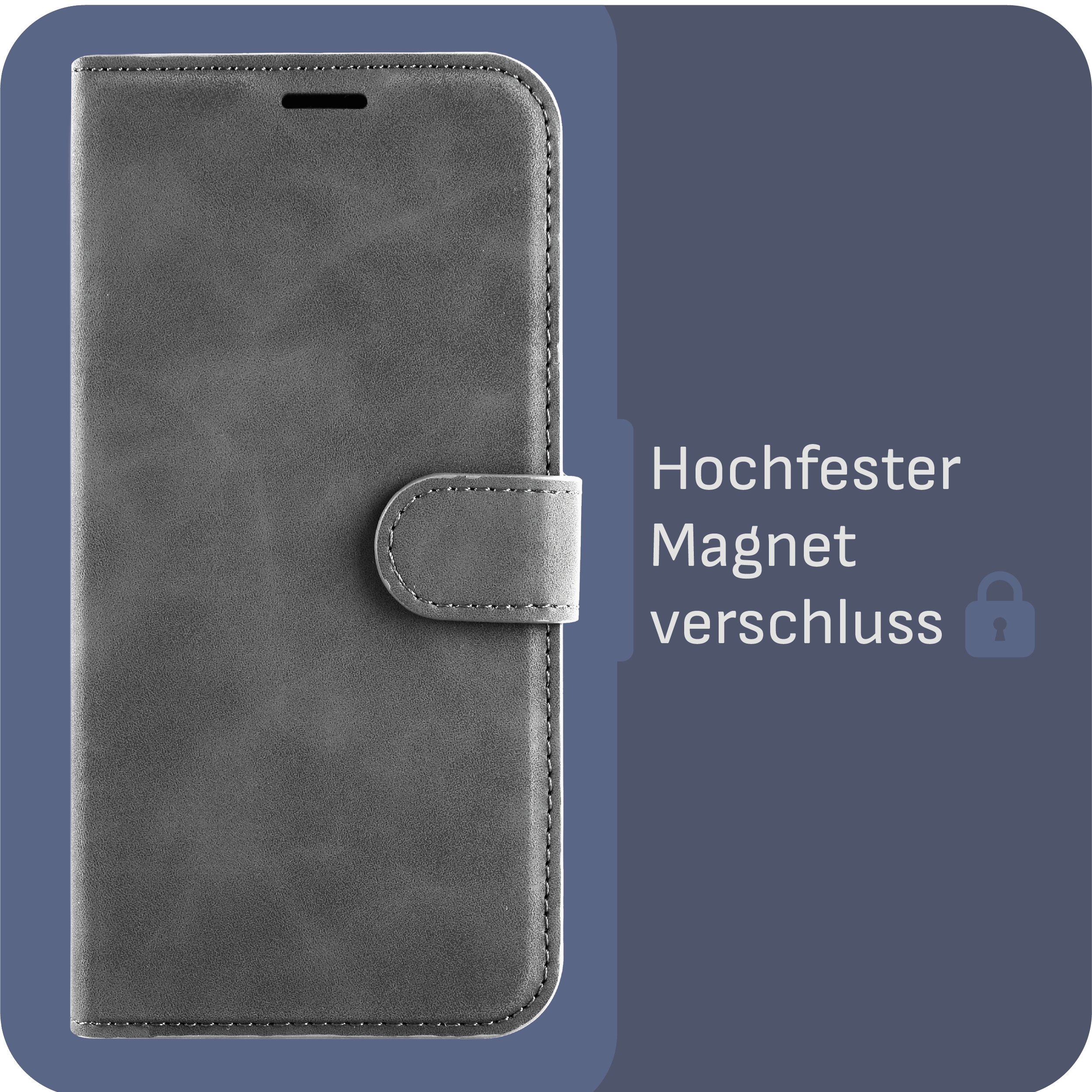 Eine graue Handyhülle mit Magnetverschluss. Die Hülle ist geschlossen und auf blauem Grund.