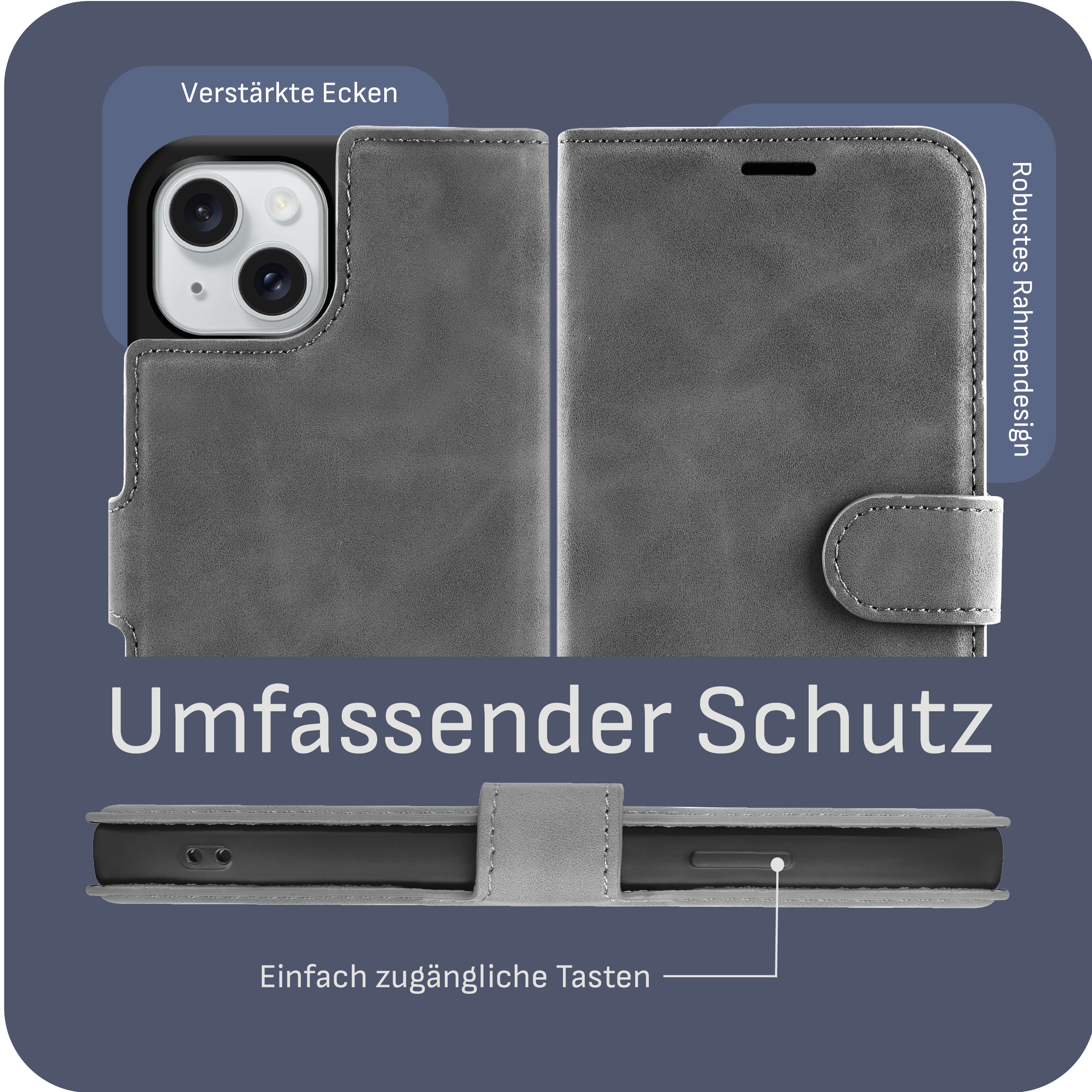 Graue Handyhülle mit Klappdeckel und Kamera. Zeigt die Innenseite.