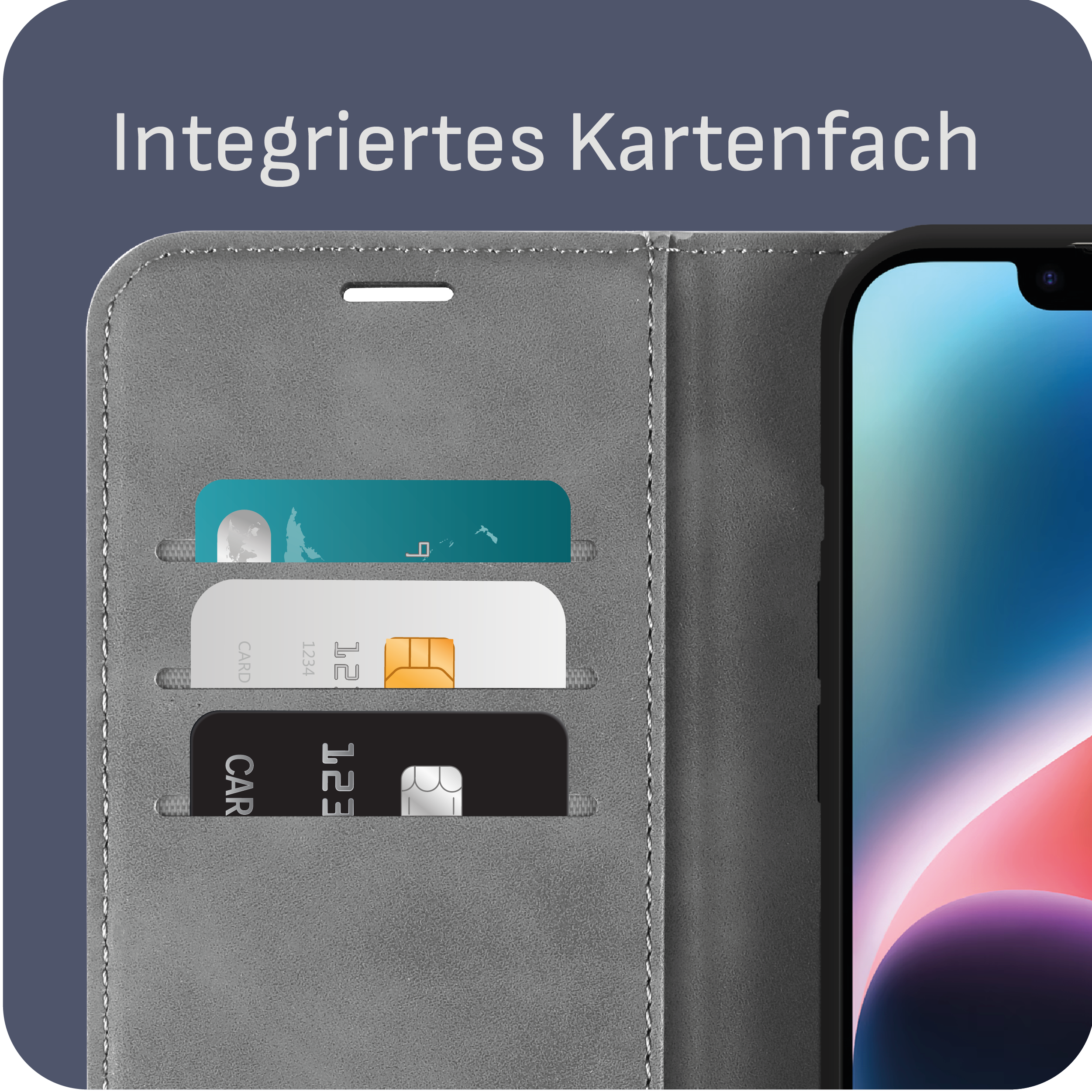 Graues Handycase mit Kartenfächern. Drei Karten sichtbar. Telefon teilweise rechts sichtbar.