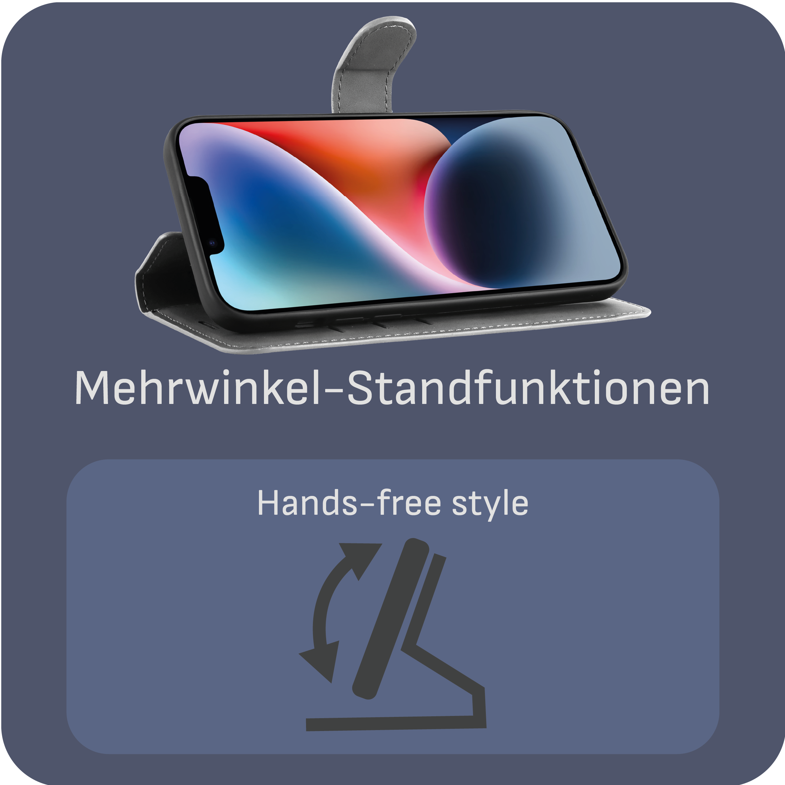 Telefon in Hülle, abgewinkelt, zeigt Bildschirm mit Grafiken. Text: Mehrwinkel-Standfunktionen.