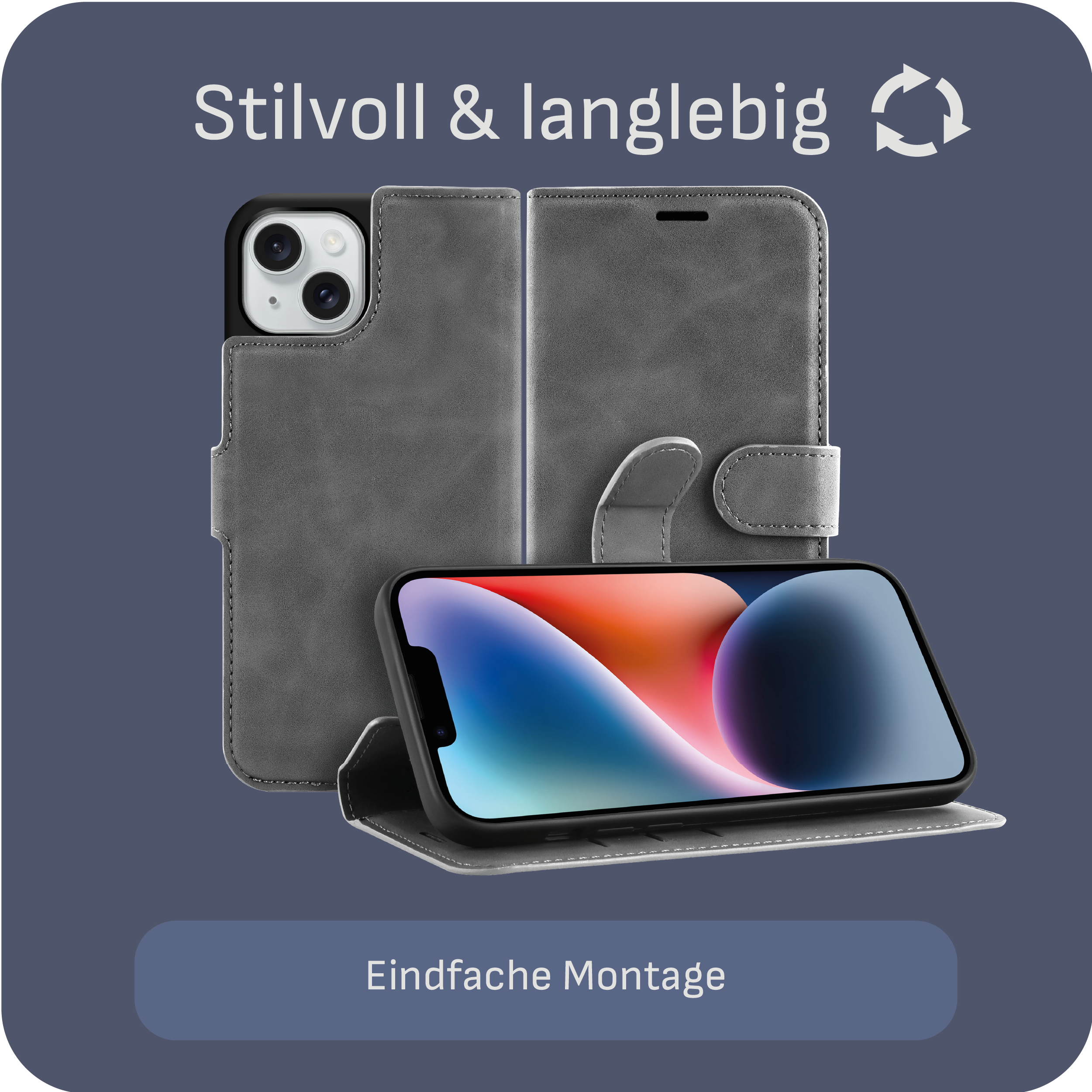 Graue Handyhülle mit iPhone. Dunkelblauer Hintergrund, deutscher Text.