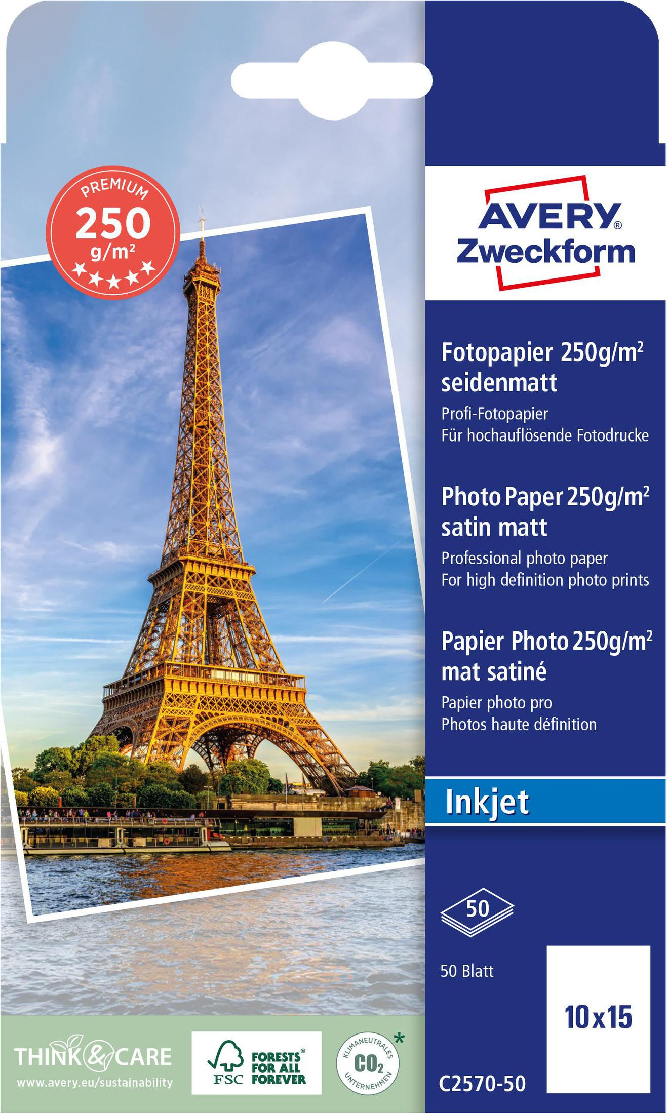 Confezione di carta fotografica con immagine della Torre Eiffel a sinistra, informazioni prodotto a destra, cielo blu.