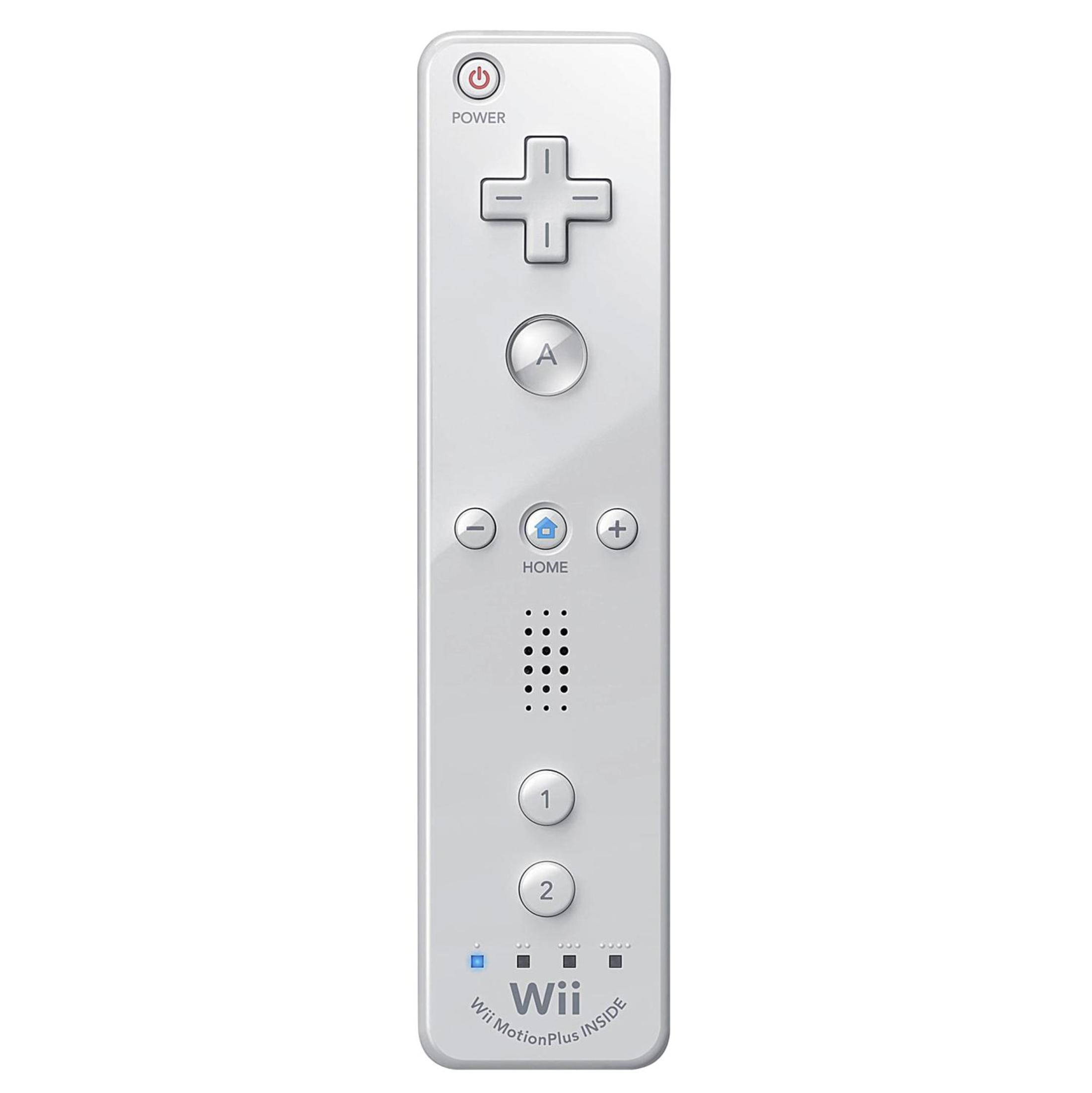 Ein weißer Nintendo Wii-Controller mit roter Power-Taste, Kreuztasten, Tasten und Zifferntasten.
